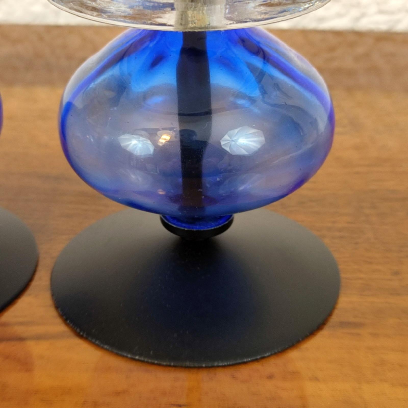 Mid-20th Century Erik Hoglund Pair of Candle Holders, Blue and Clear Glass, Mid-Century, Sweden For Sale