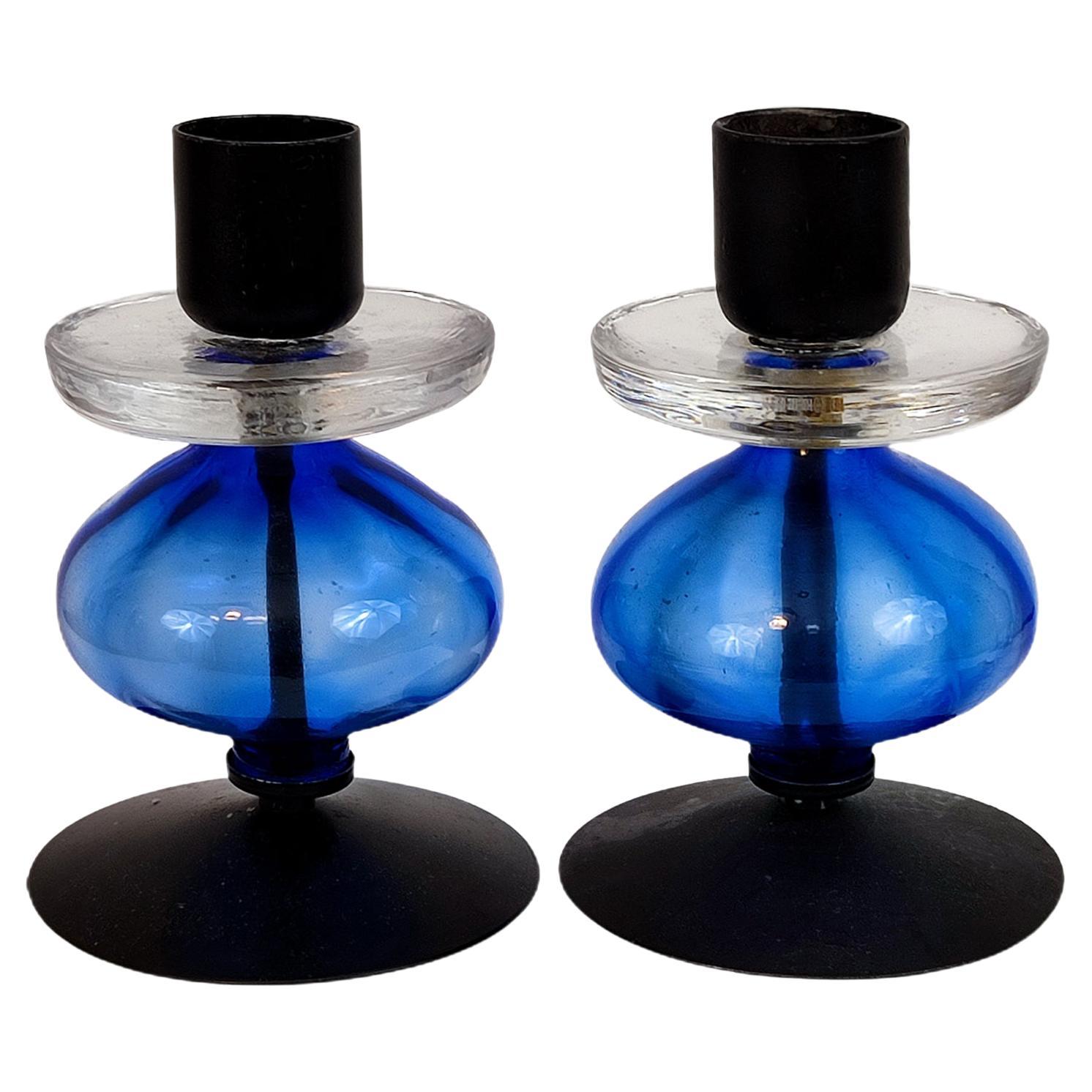 Erik Hoglund Pair of Candle Holders, Blue and Clear Glass, Mid-Century, Sweden For Sale