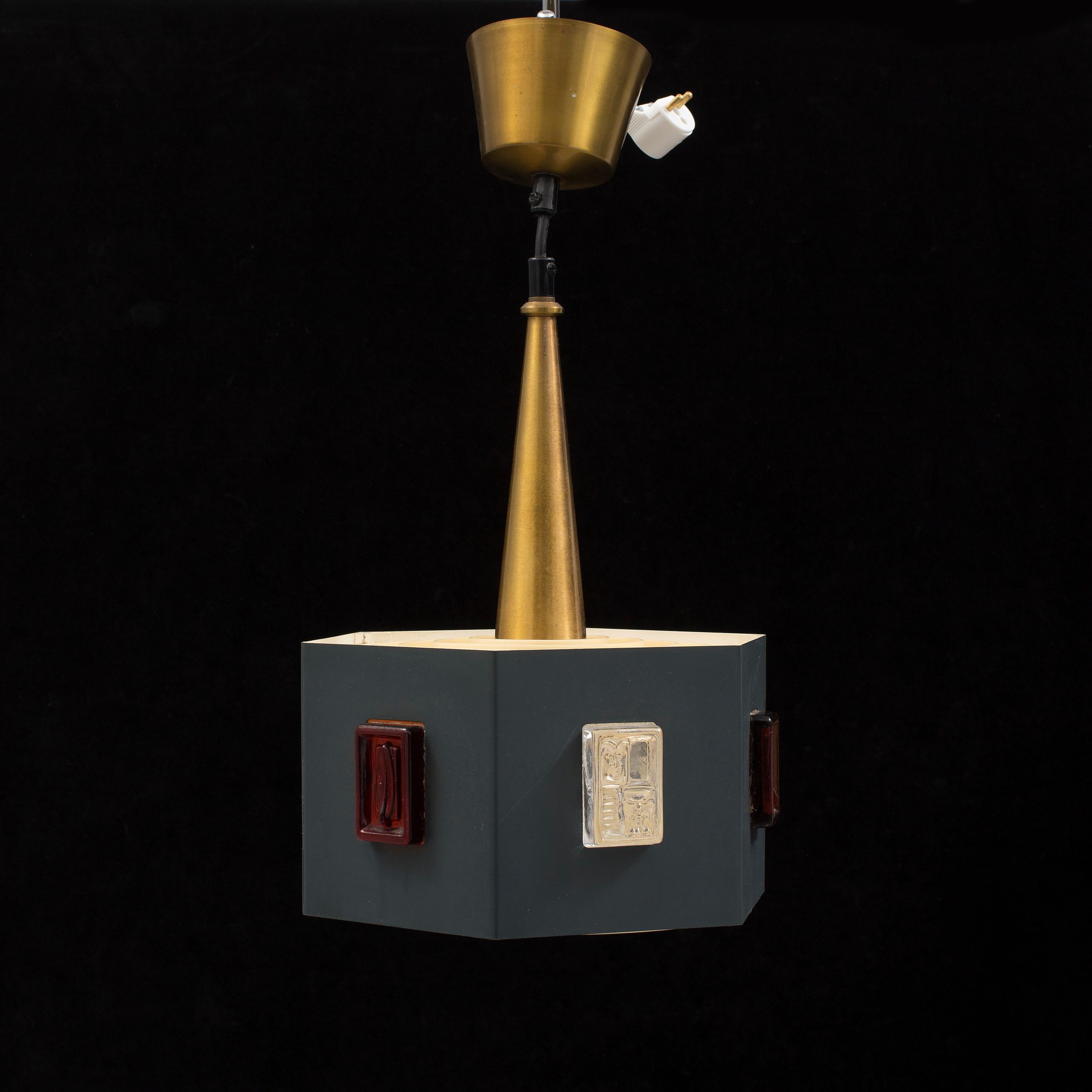 Erik Höglund ceiling Light metal glass and brass Sweden 1960 In Good Condition For Sale In Paris, FR