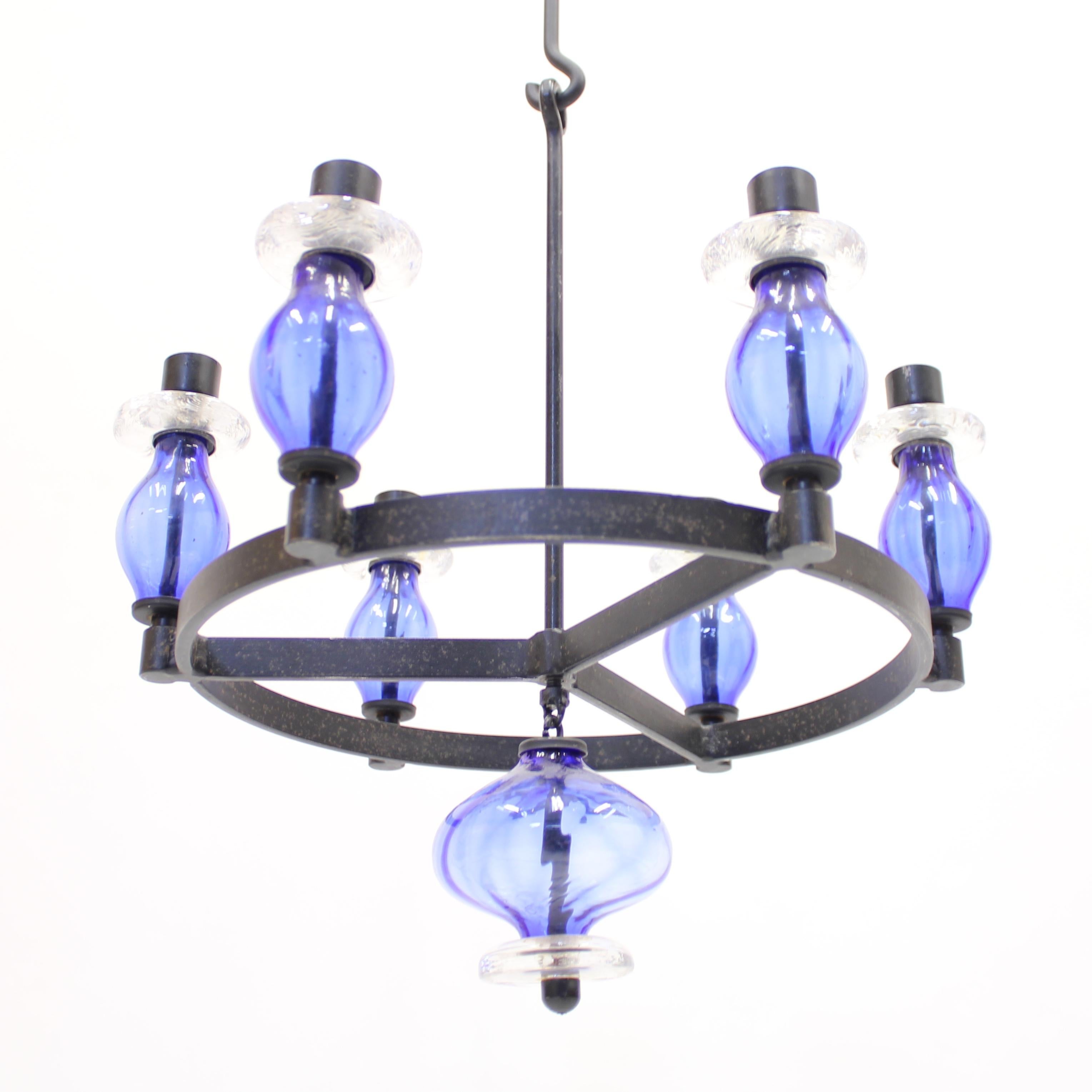 Erik Höglund, Rare Glass and Wrought Iron Chandelier, Boda Smide, 1960s For Sale 4
