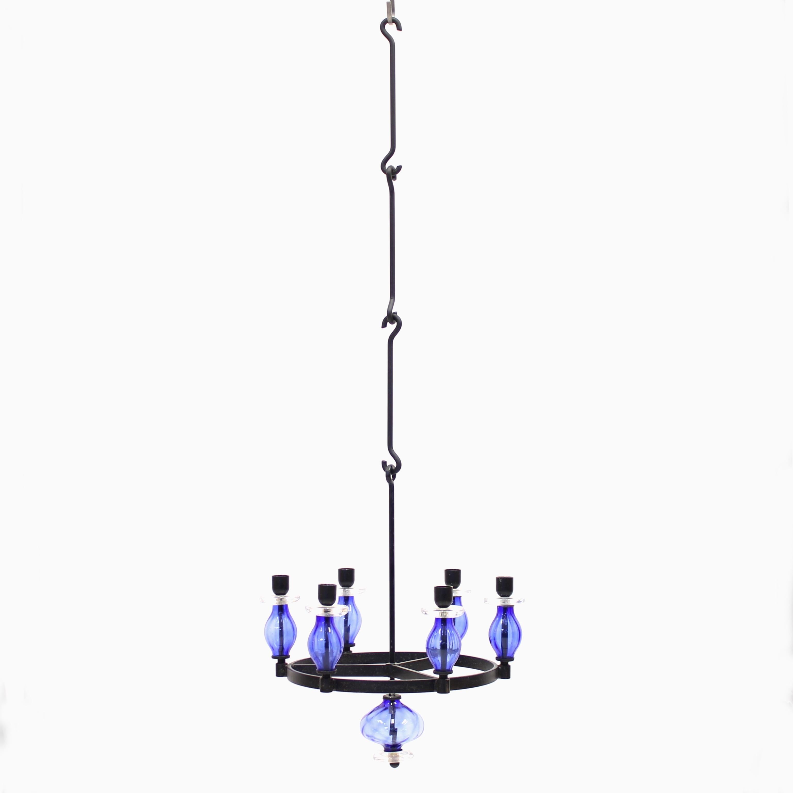 Swedish Erik Höglund, Rare Glass and Wrought Iron Chandelier, Boda Smide, 1960s For Sale