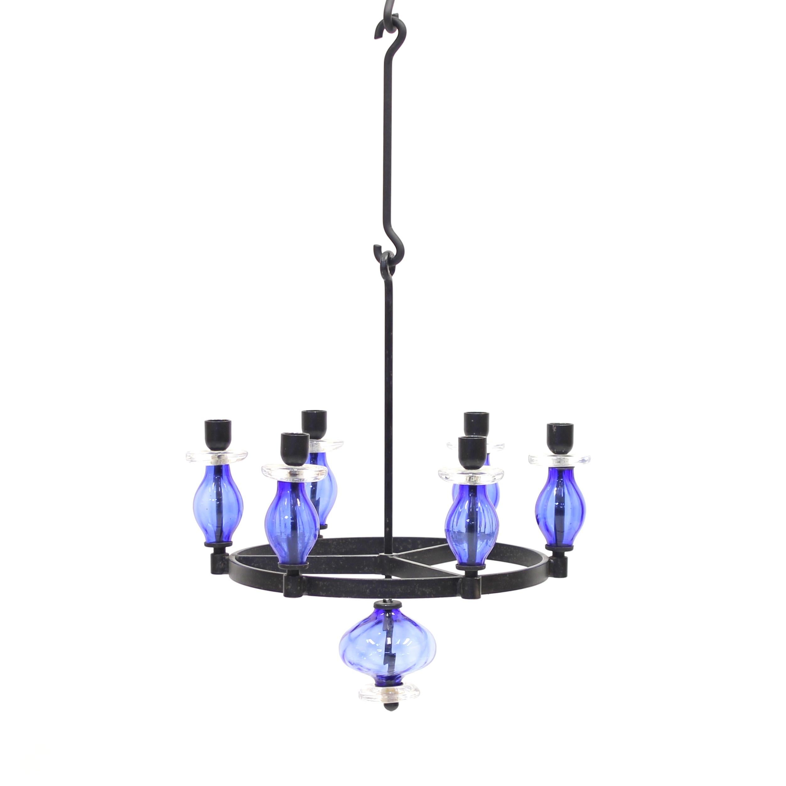 Erik Höglund, Rare Glass and Wrought Iron Chandelier, Boda Smide, 1960s In Good Condition For Sale In Uppsala, SE