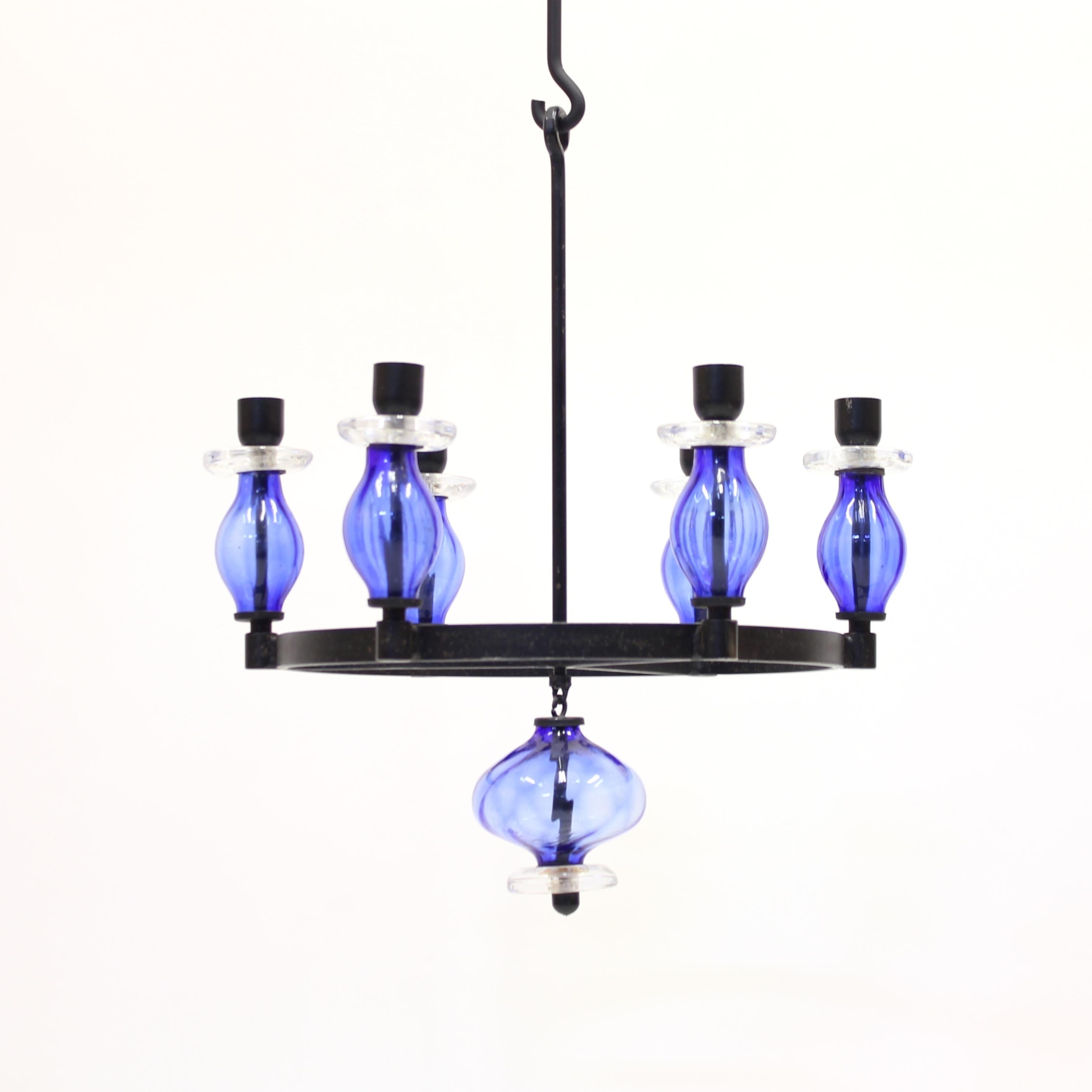 20th Century Erik Höglund, Rare Glass and Wrought Iron Chandelier, Boda Smide, 1960s For Sale