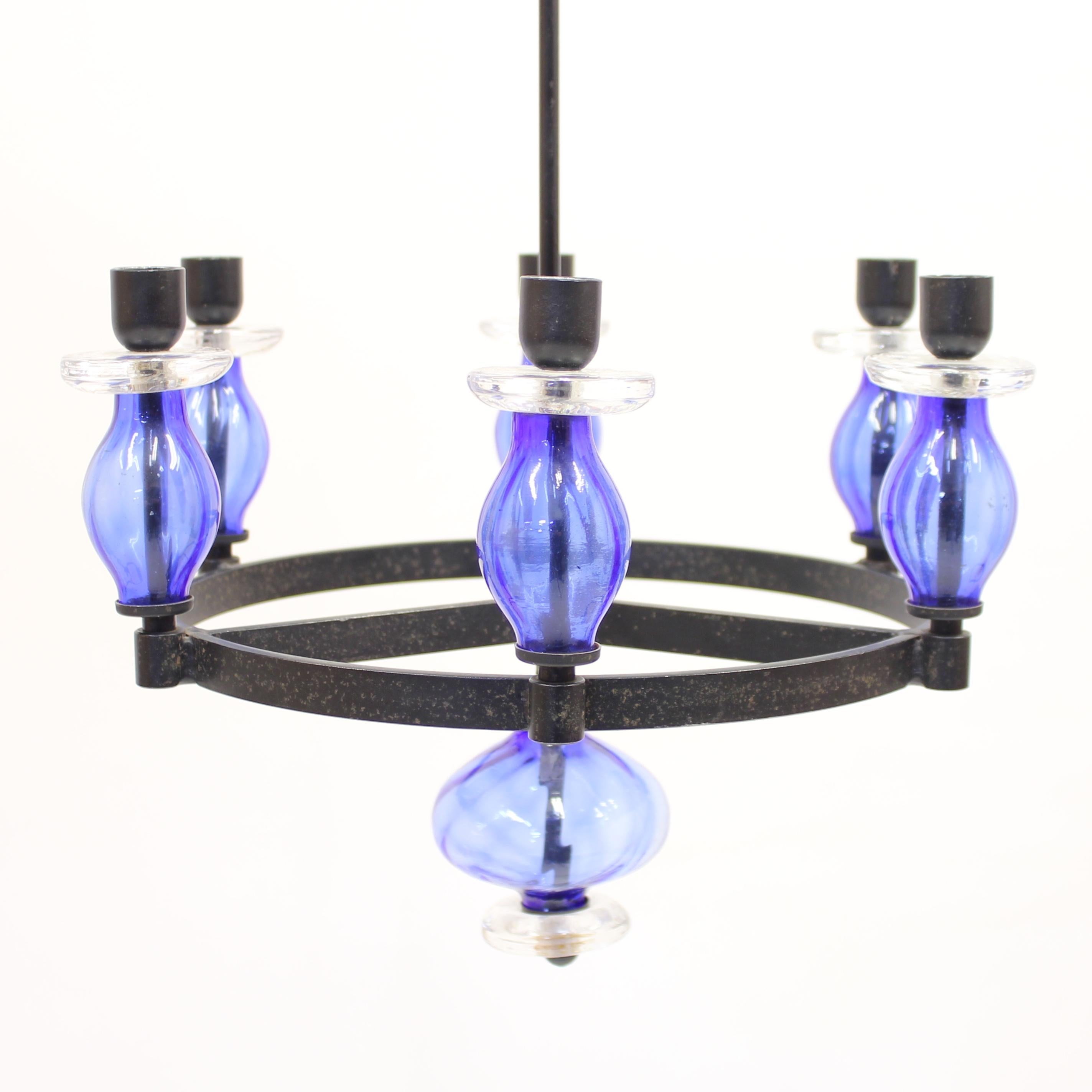 Erik Höglund, Rare Glass and Wrought Iron Chandelier, Boda Smide, 1960s For Sale 1