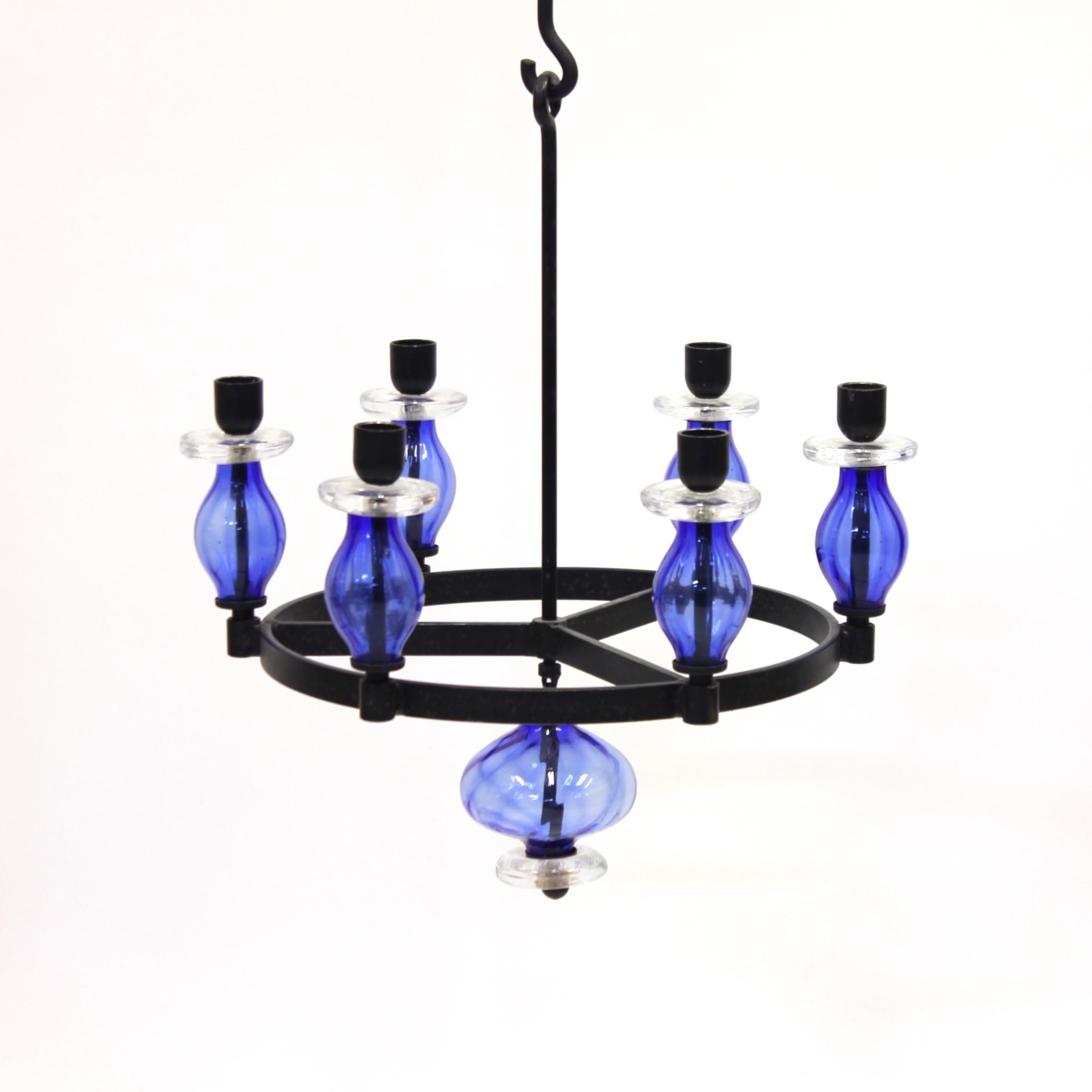 Erik Höglund, Rare Glass and Wrought Iron Chandelier, Boda Smide, 1960s For Sale 2
