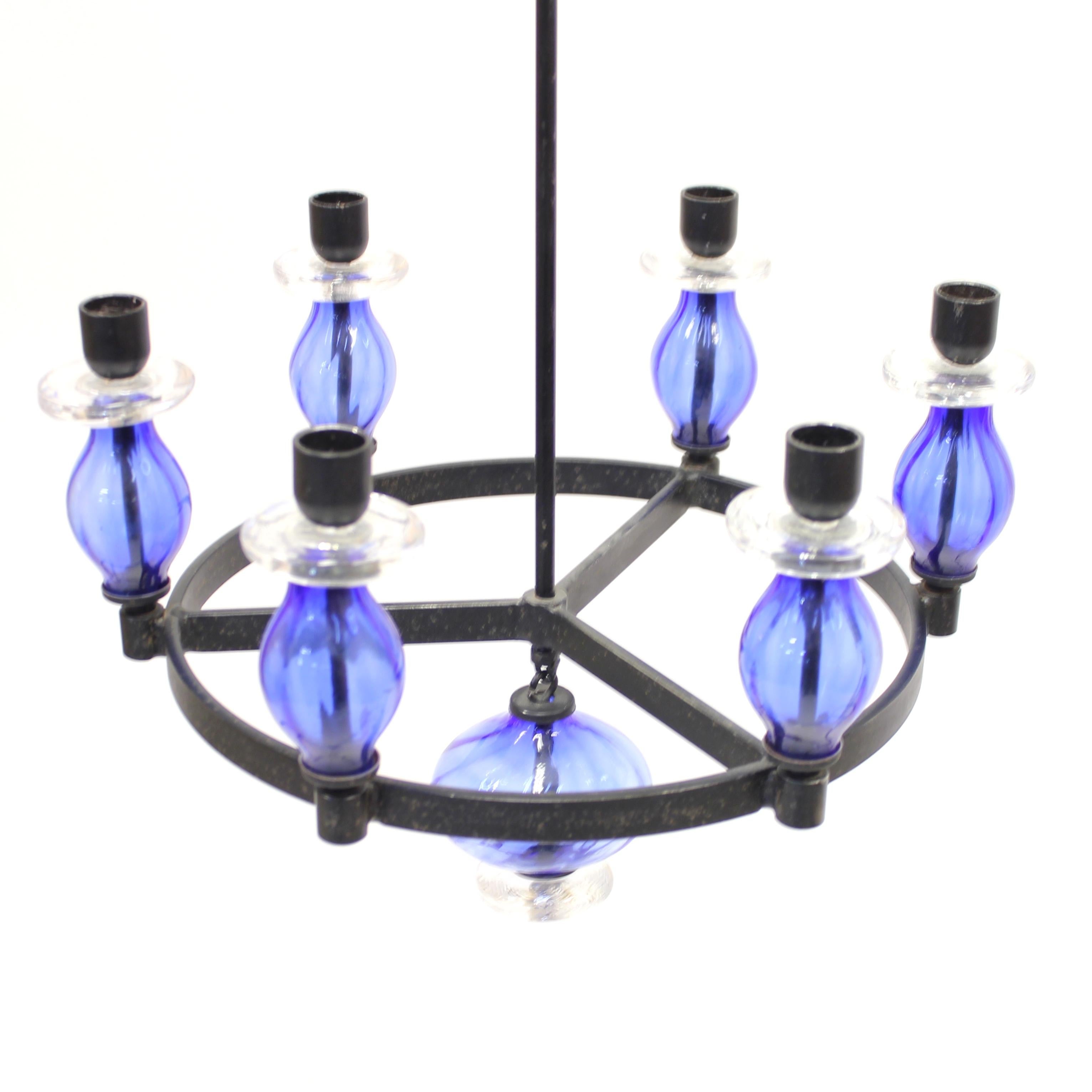 Erik Höglund, Rare Glass and Wrought Iron Chandelier, Boda Smide, 1960s For Sale 3