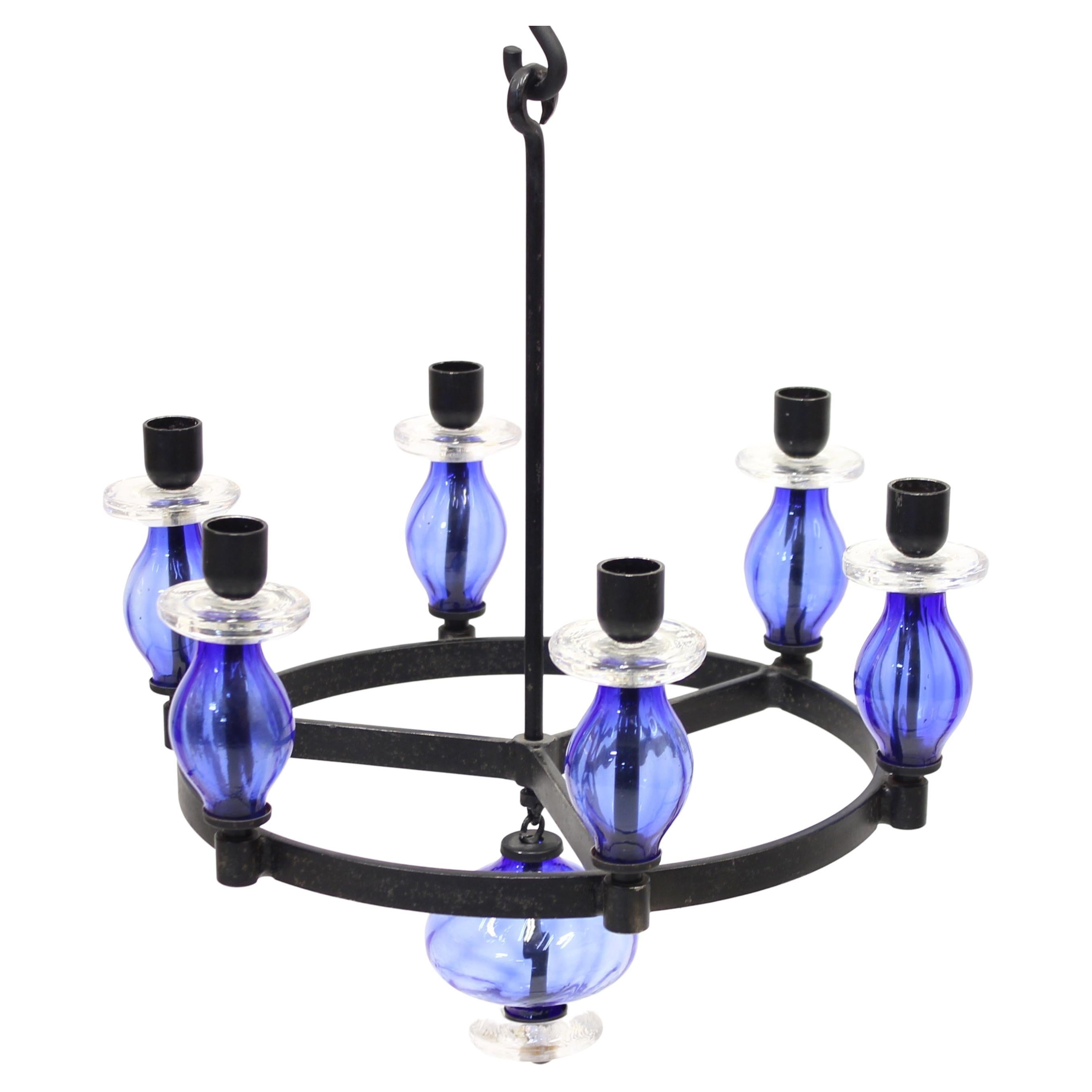 Erik Höglund, Rare Glass and Wrought Iron Chandelier, Boda Smide, 1960s For  Sale at 1stDibs