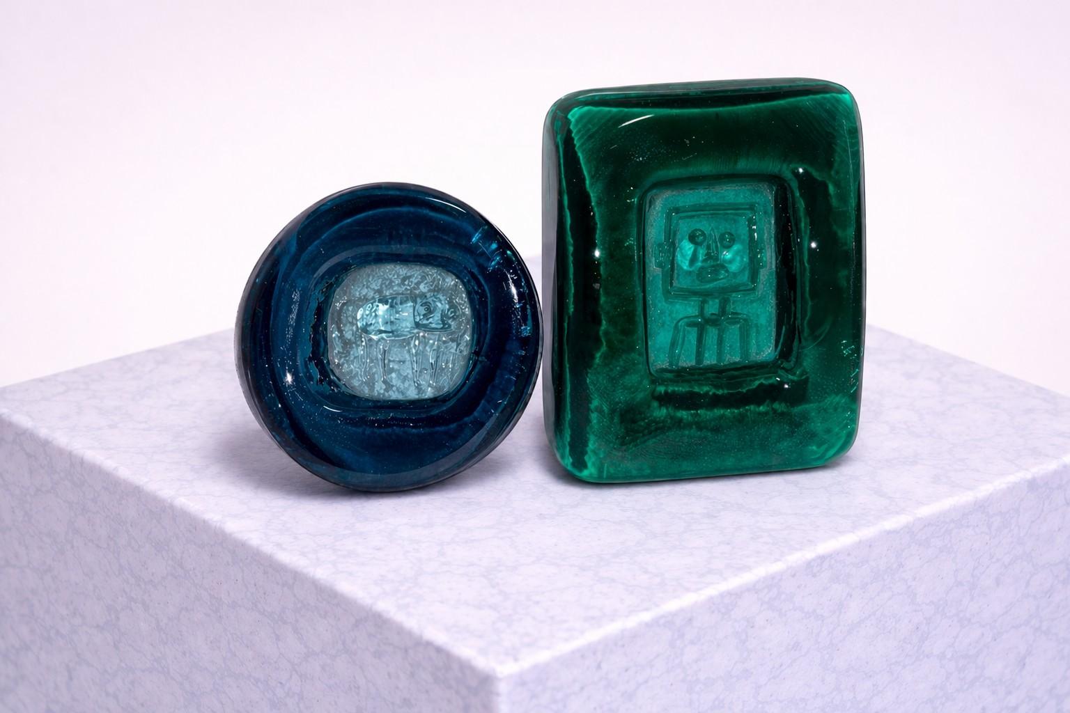 Erik Höglund Set of Two Art Glass “Robot” Ashtrays, Kosta Boda