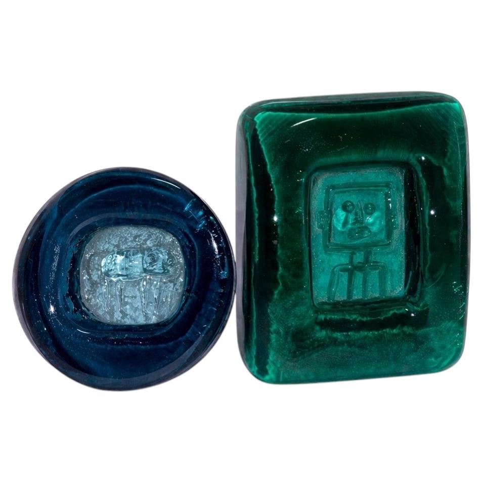 Erik Höglund Set of Two Art Glass “Robot” Ashtrays, Kosta Boda
