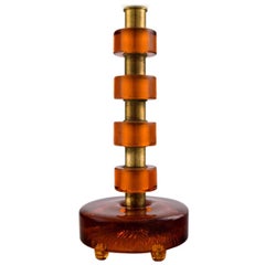 Erik Höglund Style Brass Table Lamp with Mouth-Blown Orange Art Glass