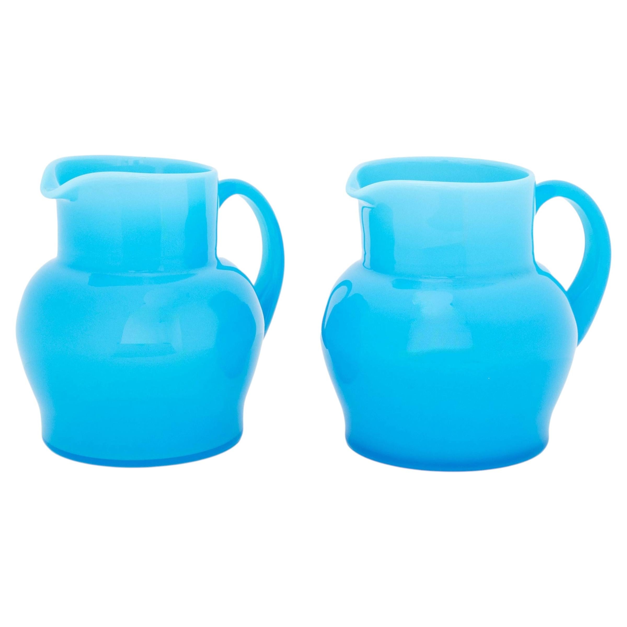 Erik Hoglund Turquoise Blue Glass Water Jugs, Pair For Sale