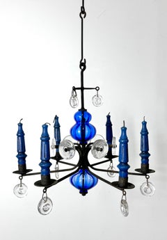 Mid Century Erik Hoglund Iron and Glass Hanging Candelabra Chandelier Pendant