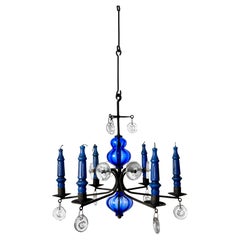 Erik Hoglund Wrought Iron and Glass Hanging Candelabra Chandelier for Boda 1960s