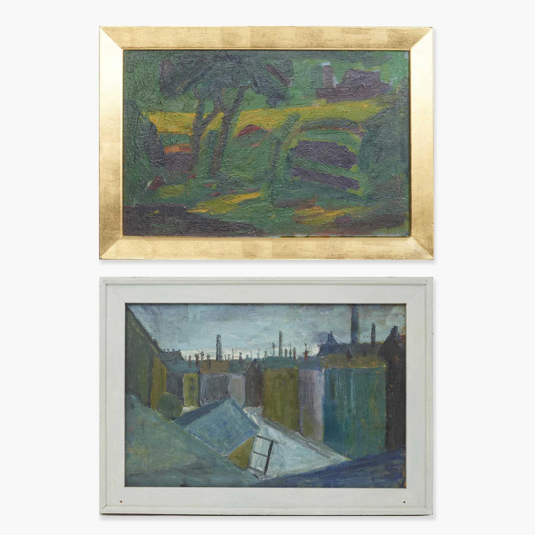 Erik Hoppe 1897-1968. Oil on canvas.
Double-sided painting. Painted back-to-back on a single piece of canvas.

1: Scene from Søndermarken (Copenhagen, Denmark). Strong green colors.
Gold frame.

2: Urban scene. Subdued colors in shades of blue