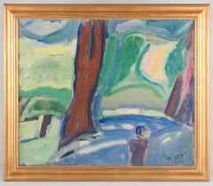 Erik Hoppe. Oil on canvas. Modernist landscape from Søndermarken. Ca. 1930s