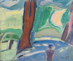 Erik Hoppe. Oil on canvas. Modernist landscape from Søndermarken. Ca. 1930s