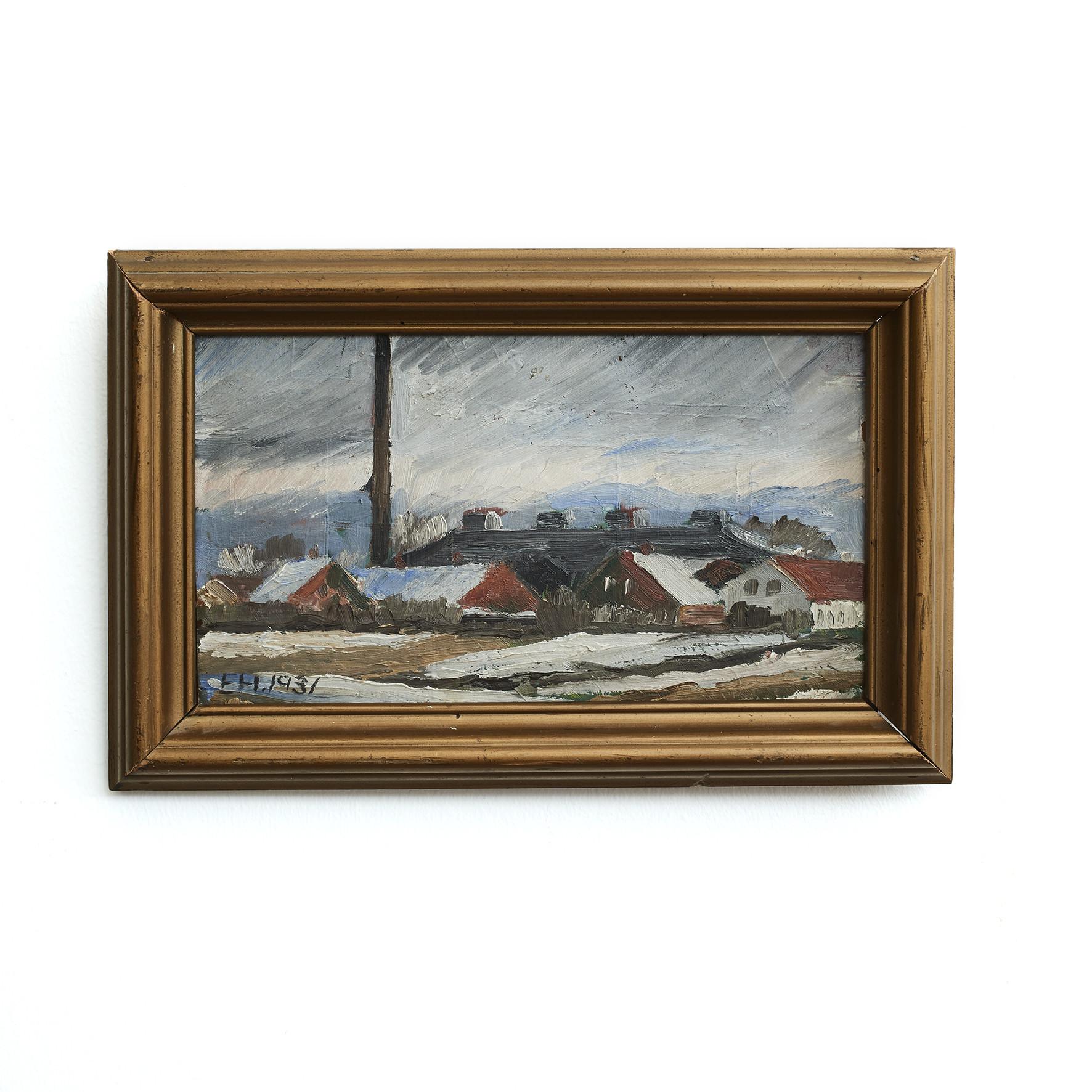 Erik Hoppe, 1897-1968.
Paysage d'hiver avec des maisons. Huile sur Masonite.
Signé EH. 1931.
Mesures : Petit tableau
Sans cadre 17 x 29 cm.
Avec cadre 23 x 36 cm.

Peintre danois dont on se souvient pour ses tableaux de la région de