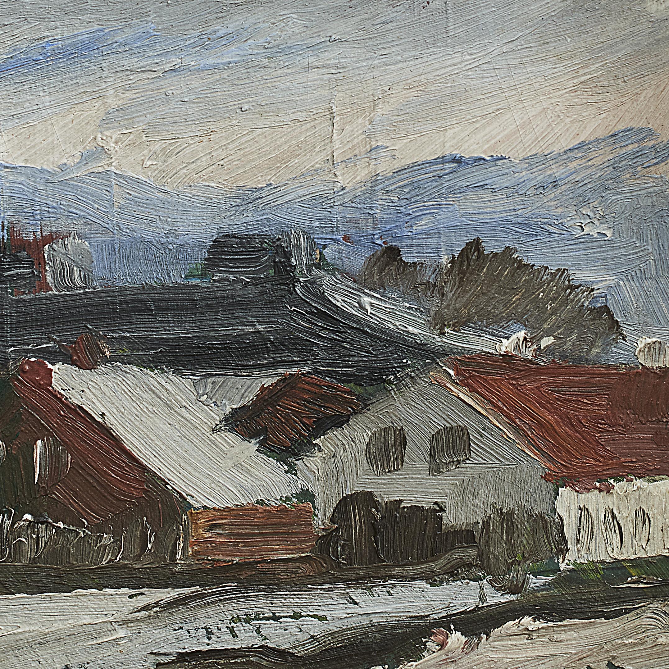 Modern Erik Hoppe Painting of a Winter Landscape with Houses For Sale