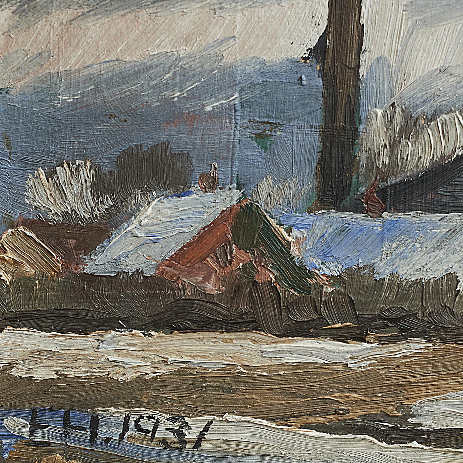 Painted Erik Hoppe Painting of a Winter Landscape with Houses For Sale