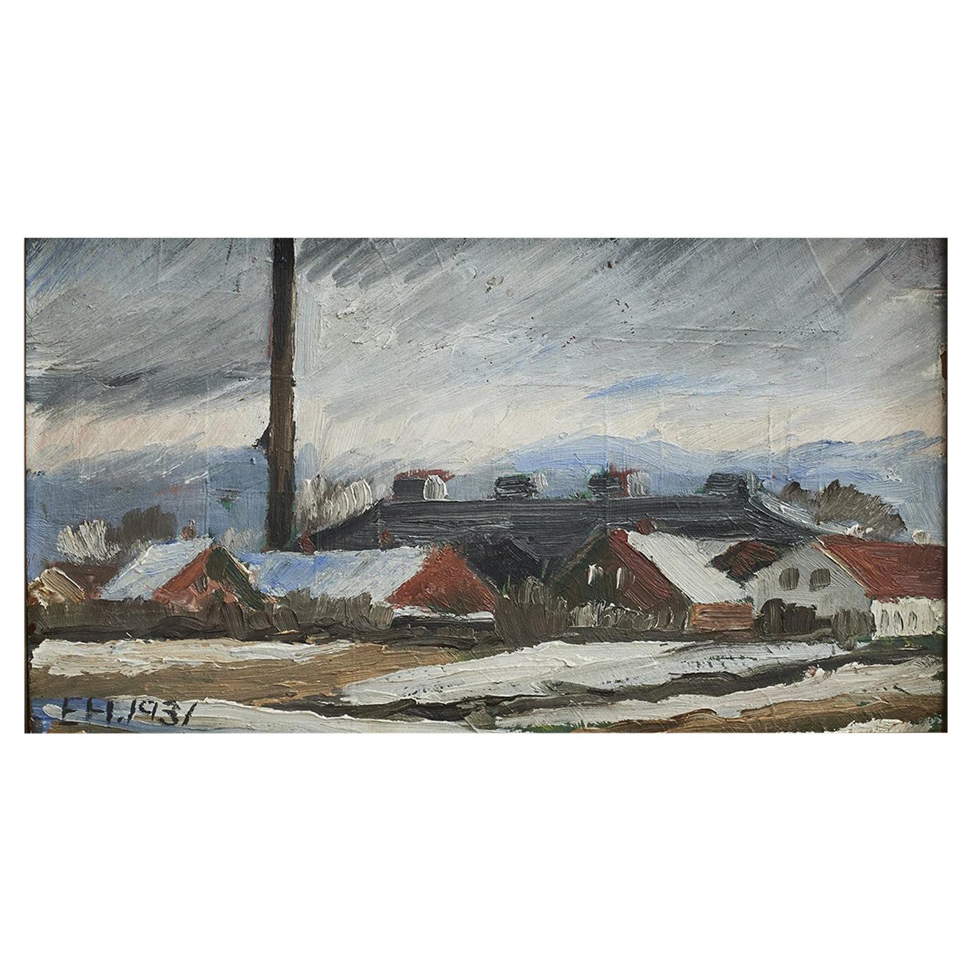 Erik Hoppe Painting of a Winter Landscape with Houses For Sale