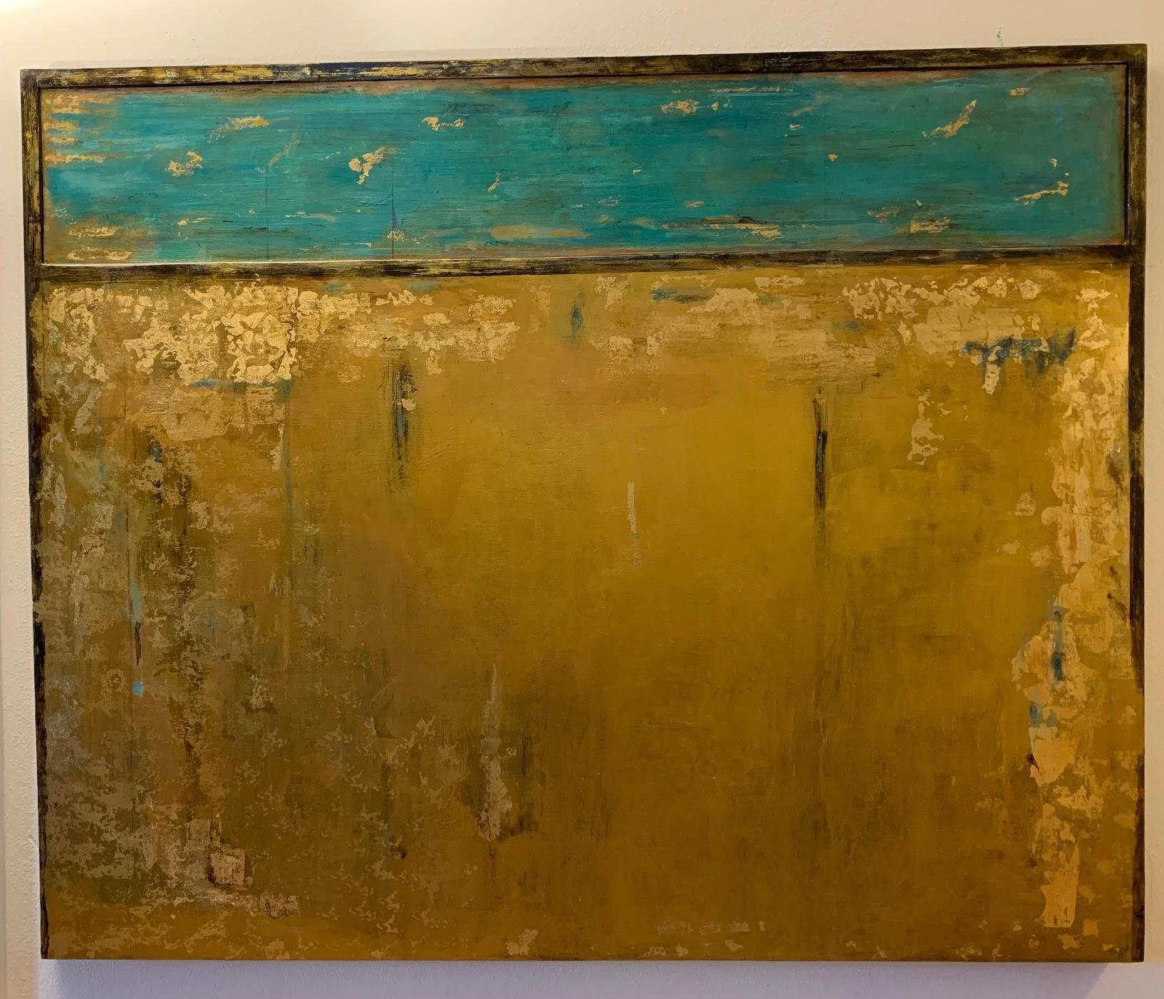 Timeless View, 2021
Acrylic, gold, lacquer on wood panel, turquoise panel has slight recess into painting to give a sense of drama.
Erikson’s central imagery concerns itself with intrigue and a sense of surprise. His body of work is often dispersed