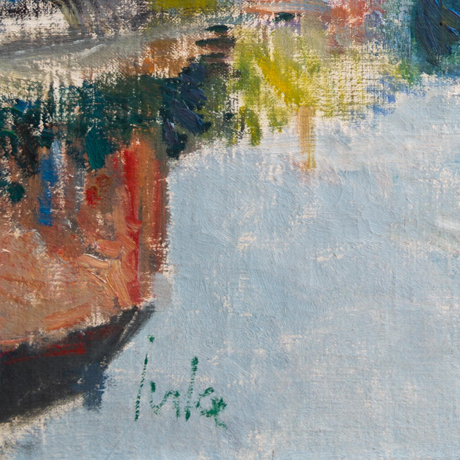 City Canal With Boats by Erik Jerken, Oil on Canvas, Signed  For Sale 1
