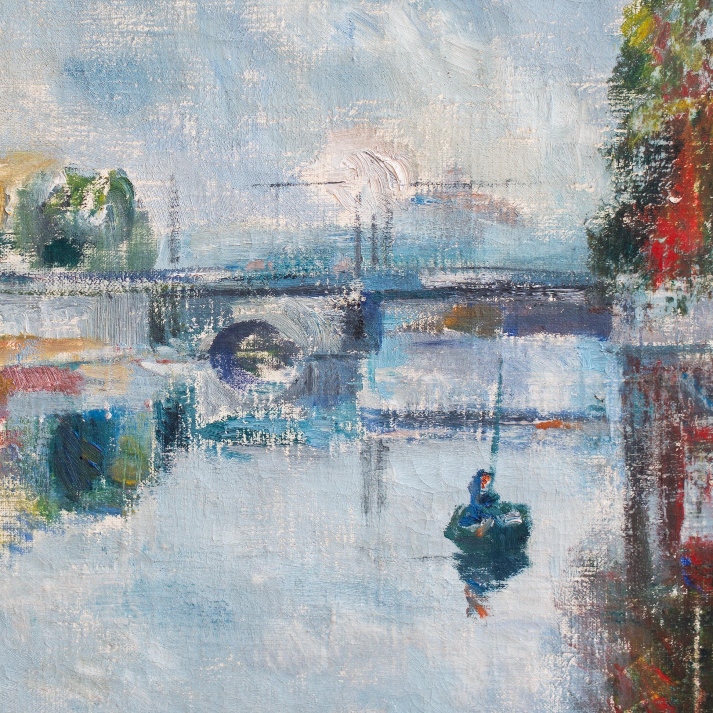 City Canal With Boats by Erik Jerken, Oil on Canvas, Signed  For Sale 2