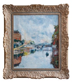 Antique City Canal With Boats by Erik Jerken, Oil on Canvas, Signed 
