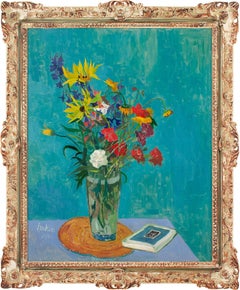 Erik Jerken, Still Life With Flowers & Book, Oil Painting 