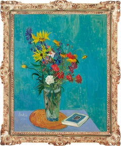 Erik Jerken, Still Life With Flowers & Book, Oil Painting