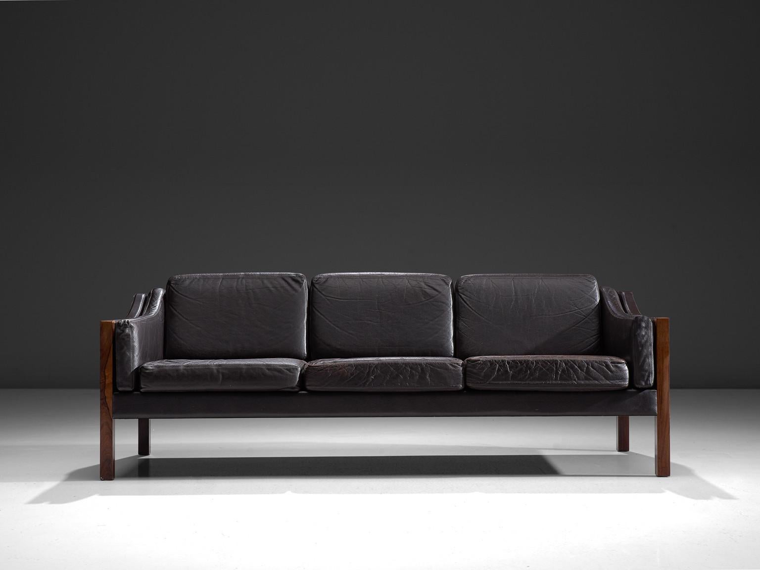 Scandinavian Modern Erik Jørgensen Sofa in Dark Brown Leather and Rosewood