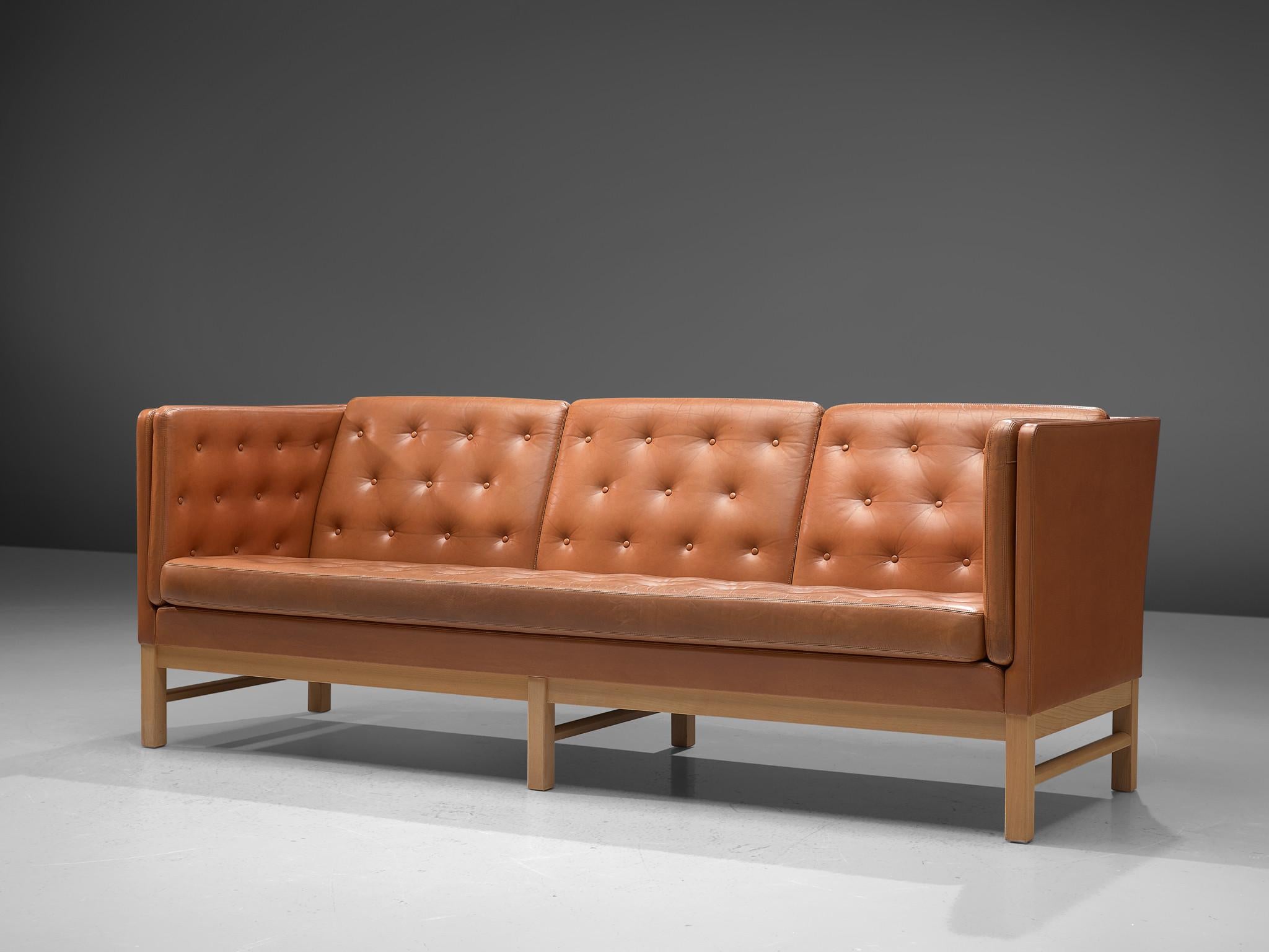 Erik Ole Jørgensen for Erik Jorgensen Møbelfabrik, sofa, model EJ 315-3, wood and leather, Denmark, 1972 

Elegant three-seat sofa by Erik Ole Jørgensen. This sofa has a luxurious appearance due to the tufted cognac leather and the high backrest and
