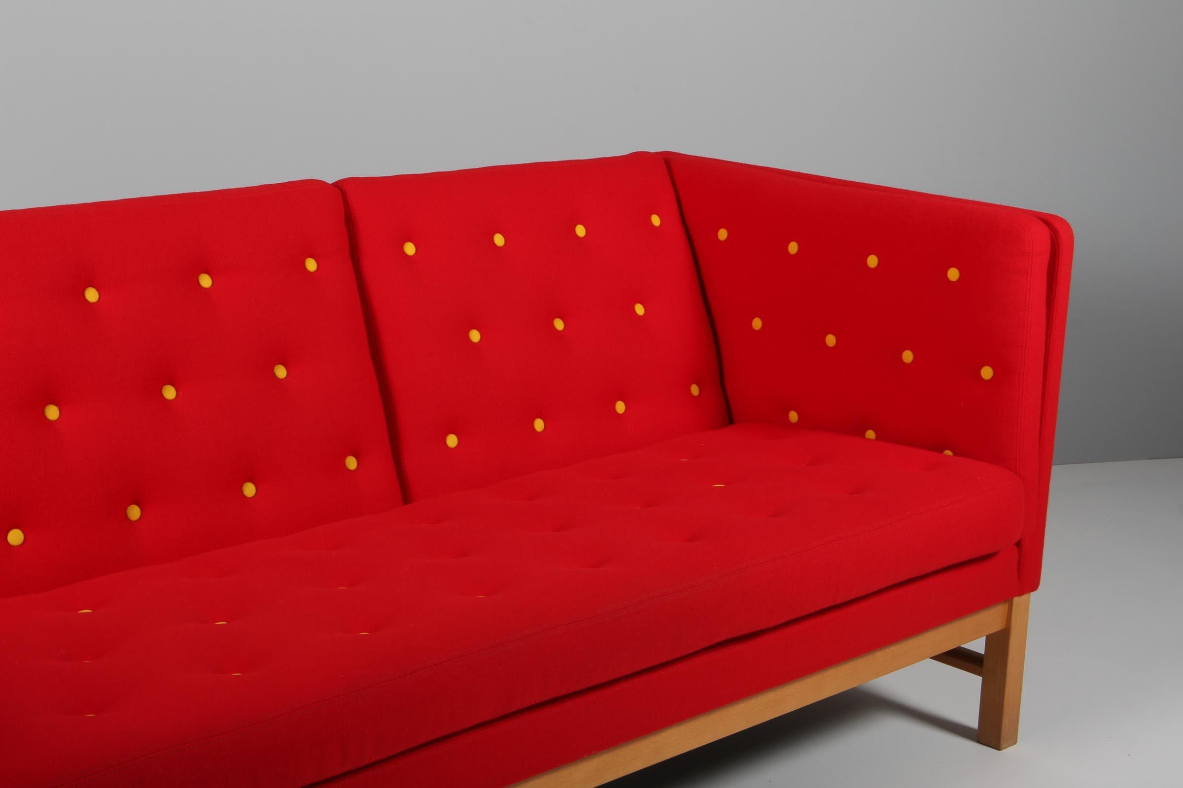 Danish Erik Jørgensen Three-Seat Sofa, Red and Yellow Wool, Beech, 1960s