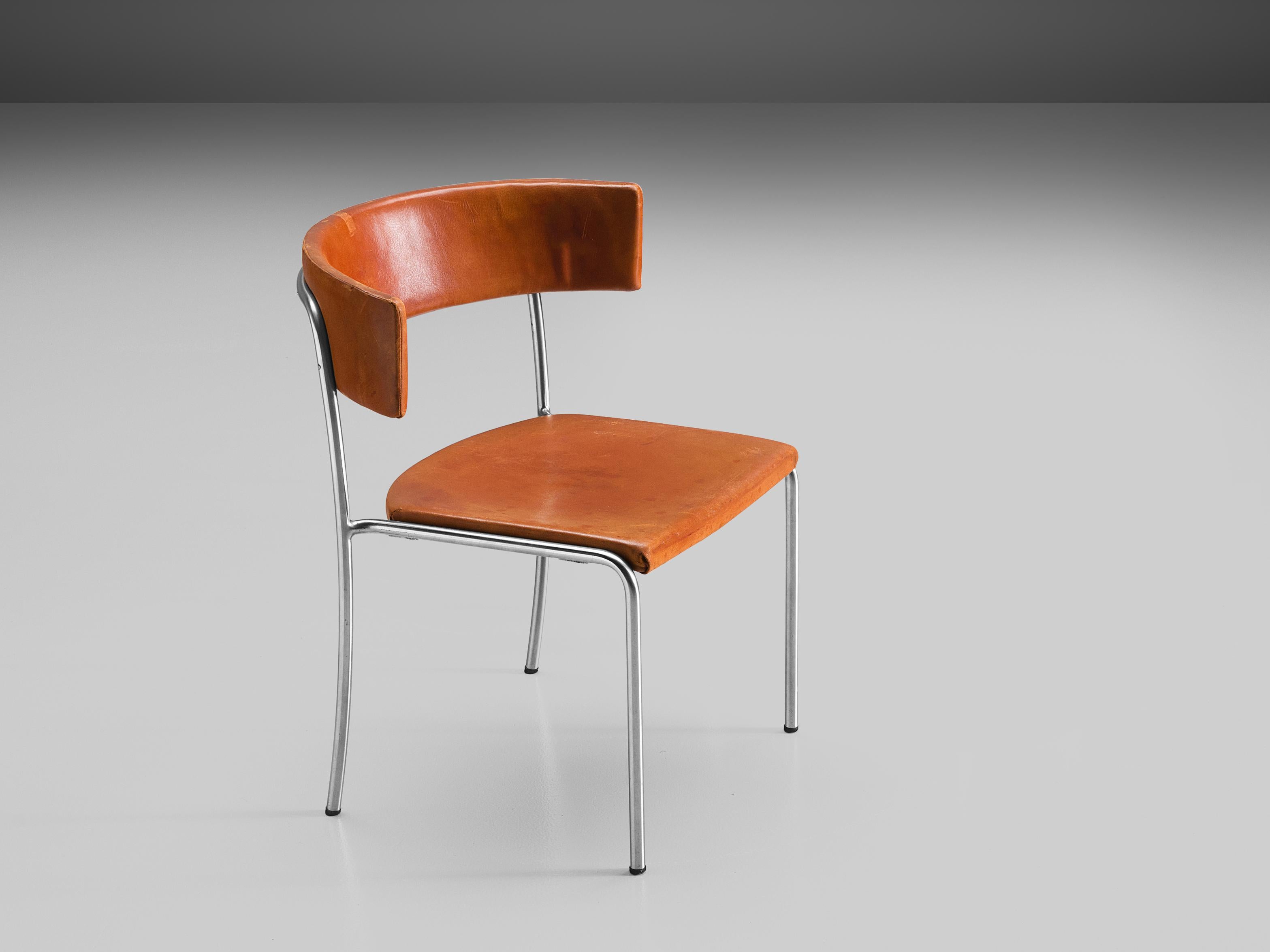 Mid-Century Modern Erik Karlström Side Chair in Cognac Leather and Tubular Steel
