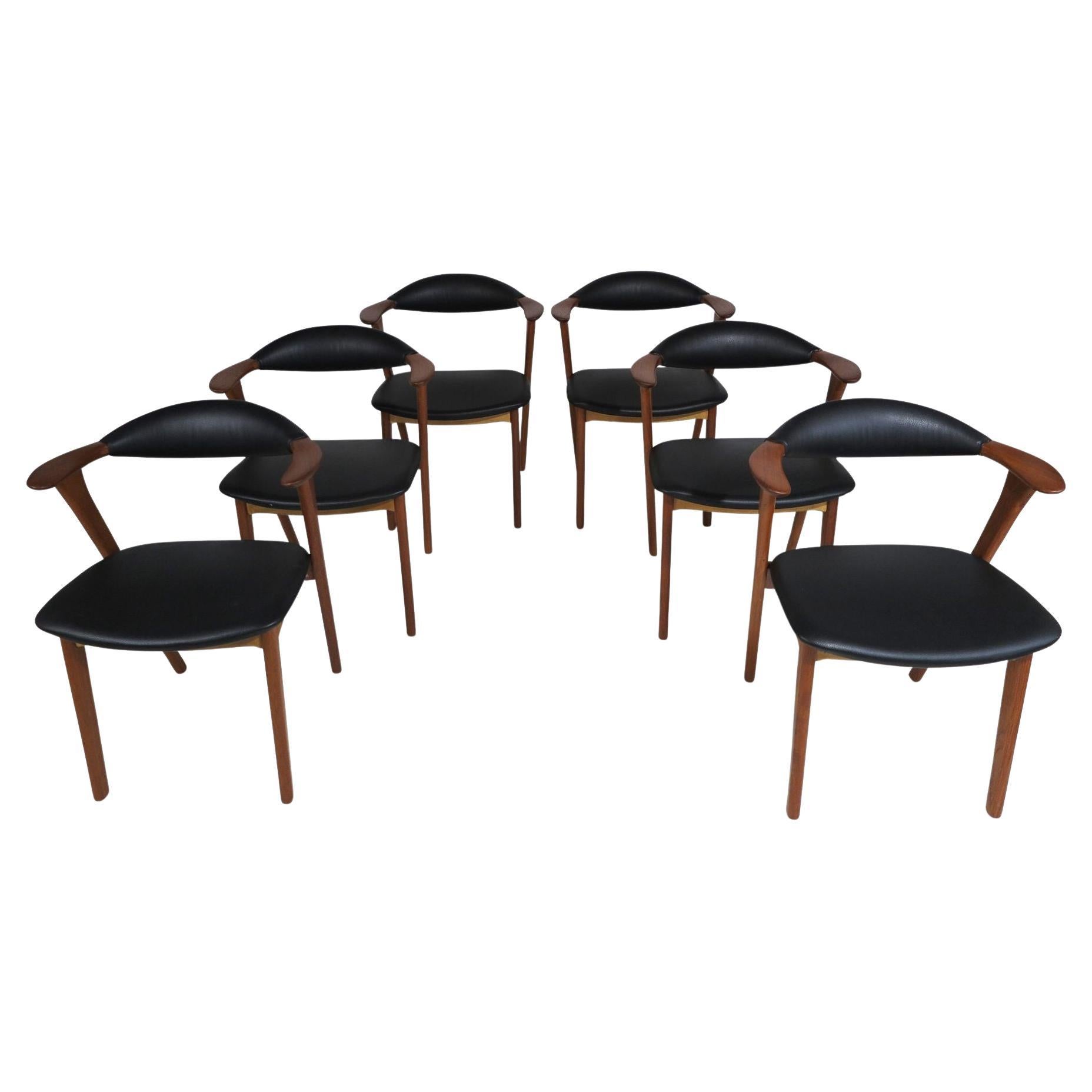Erik Kirkegaard Danish Teak Dining Chairs in Black Leather, Six (6) For Sale
