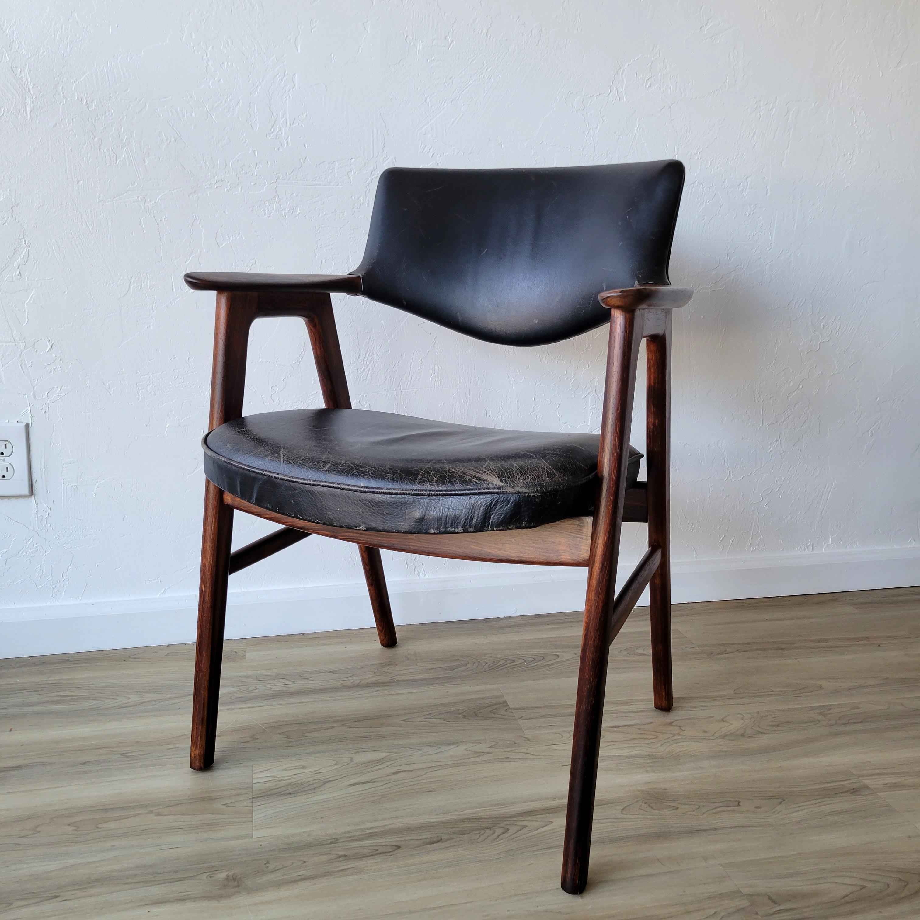 Danish Erik Kirkegaard Rosewood + Black Leather Armchair  For Sale