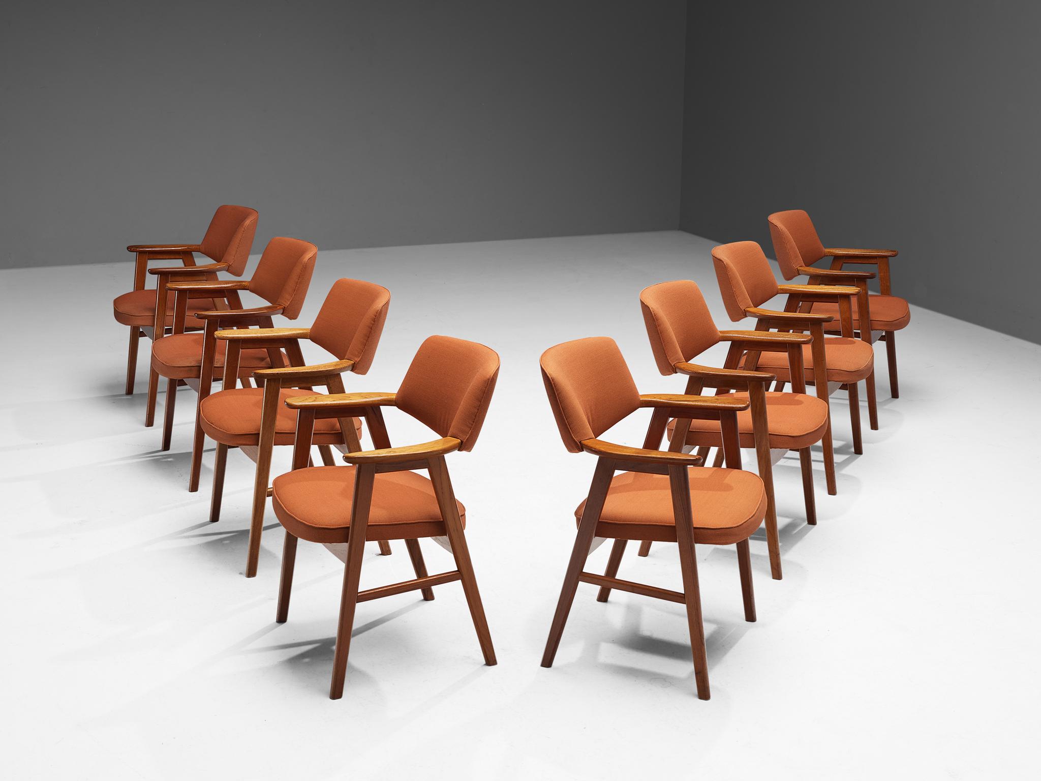 Erik Kirkegaard for Høng Stolefabrik, set of eight armchairs, teak, fabric upholstery, Denmark, 1960s

Very comfortable dining chairs, due to well shaped armrests and ergonomic proportions of the back and seat by Erik Kirkegaard for Høng