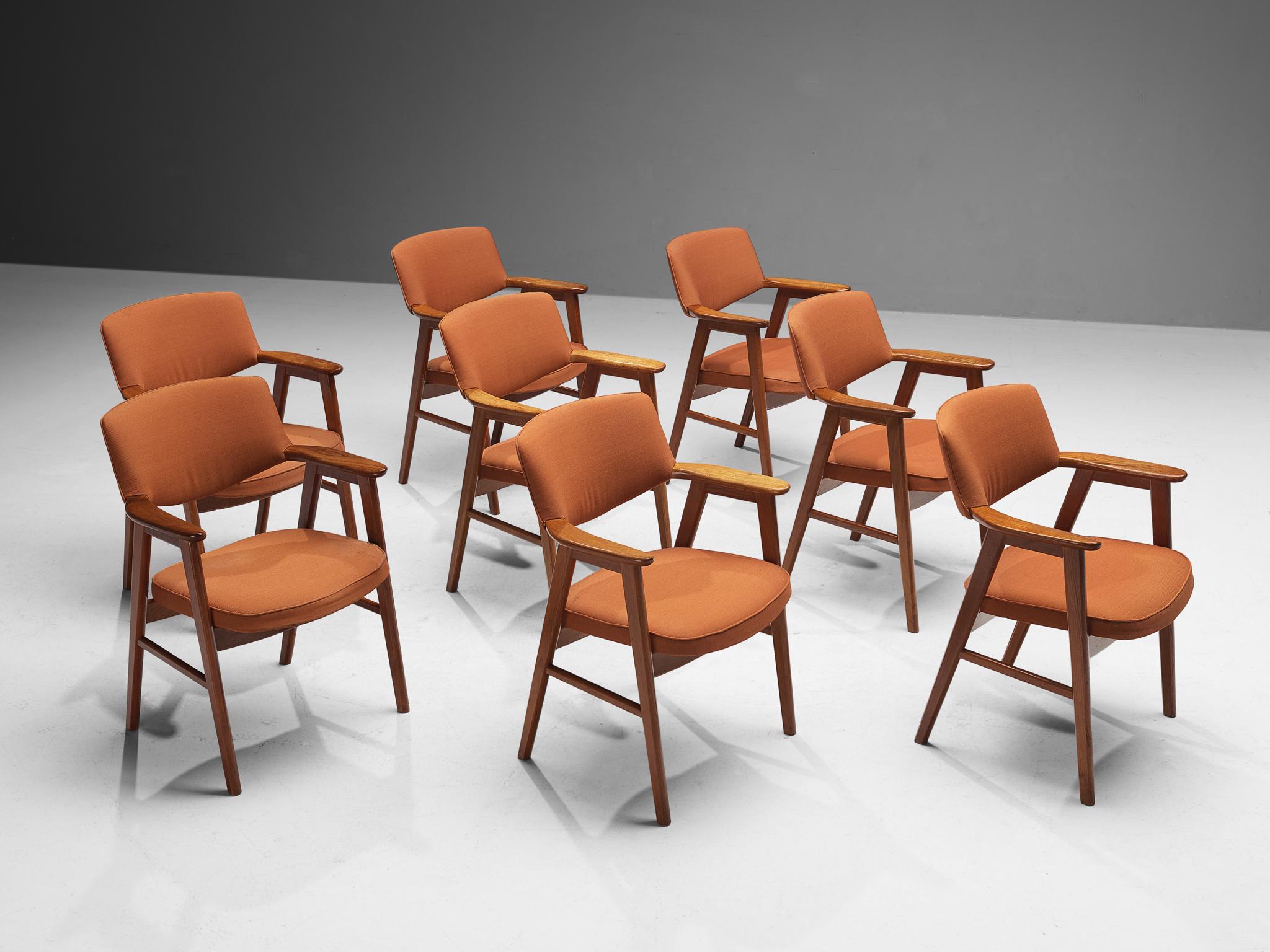 Danish Erik Kirkegaard Set of Eight Armchairs in Teak and Orange Upholstery For Sale