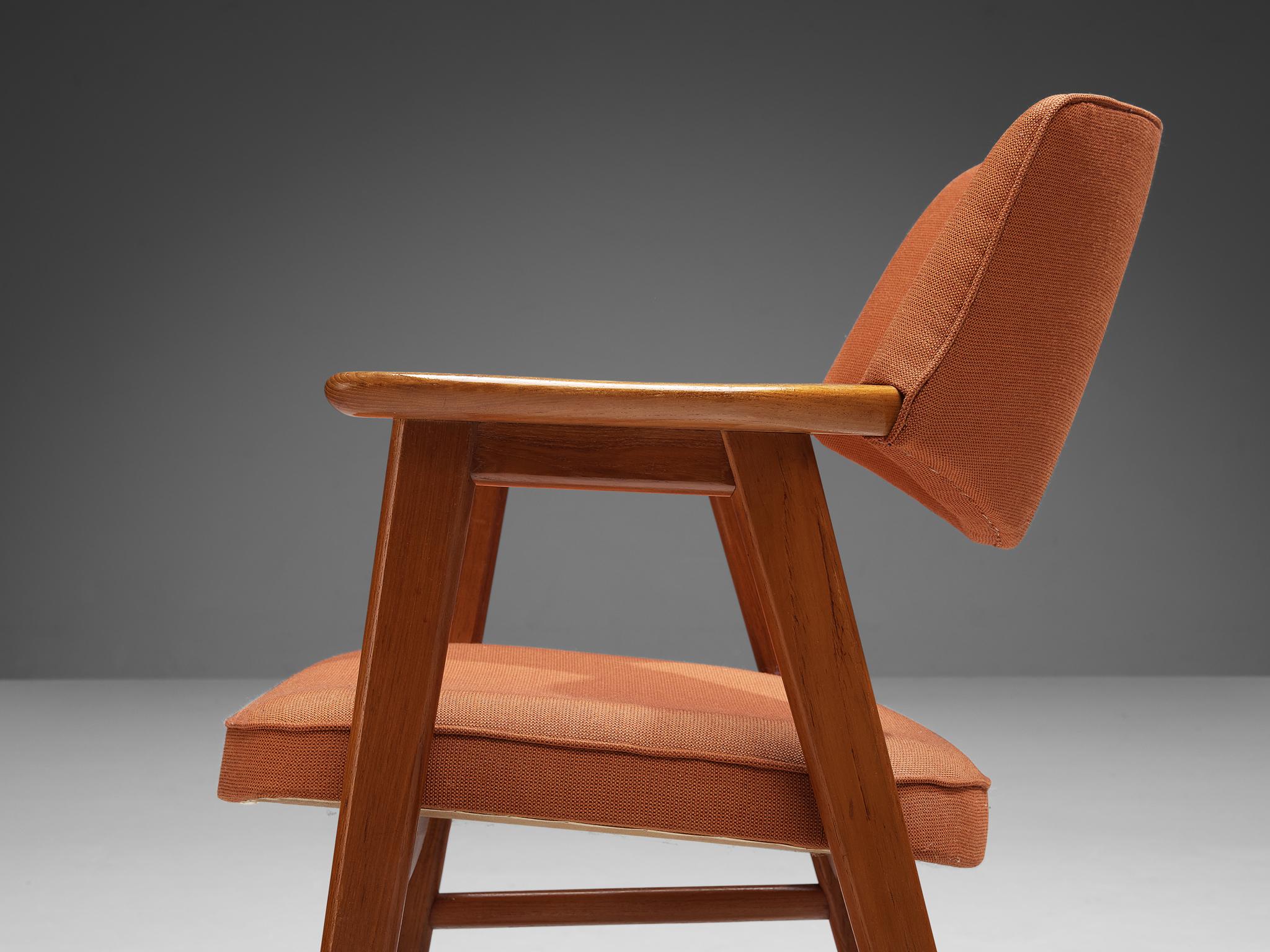 Erik Kirkegaard Set of Eight Armchairs in Teak and Orange Upholstery In Good Condition For Sale In Waalwijk, NL