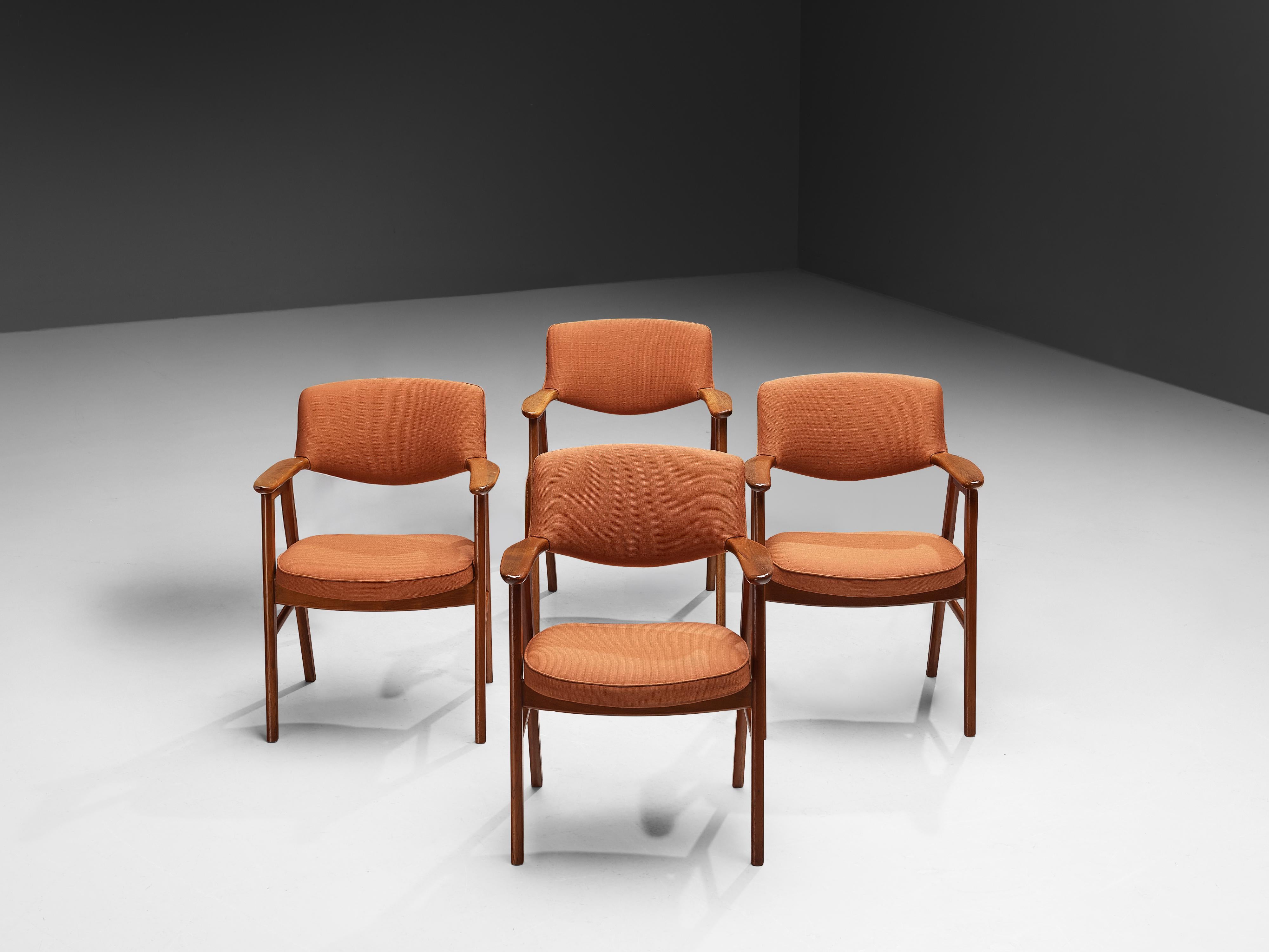 Danish Erik Kirkegaard Set of Four Armchairs in Teak and Red Upholstery For Sale