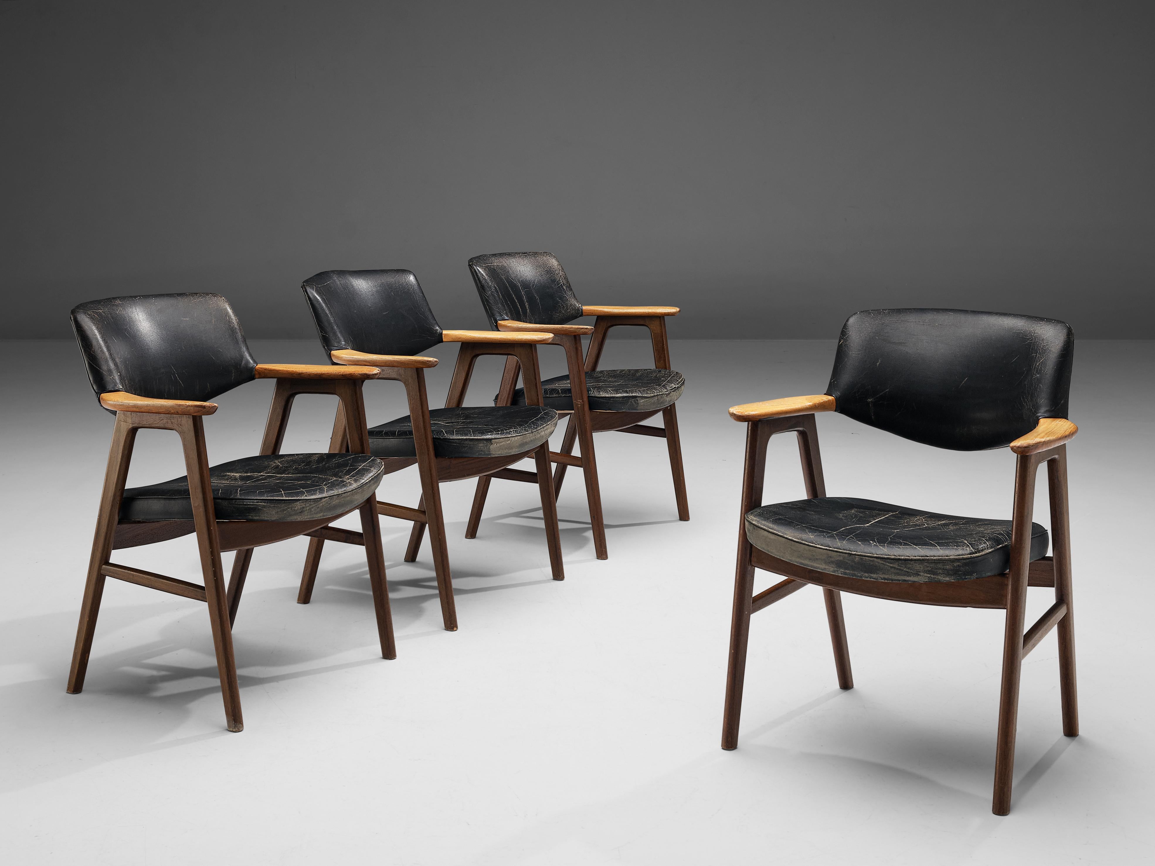 Erik Kirkegaard for Høng Stolefabrik, armchairs model '53', teak, rosewood, leather, Denmark, designed in 1956 

Very comfortable dining chairs, due to well-shaped armrests and ergonomic proportions of the back and seat by Erik Kirkegaard for Høng