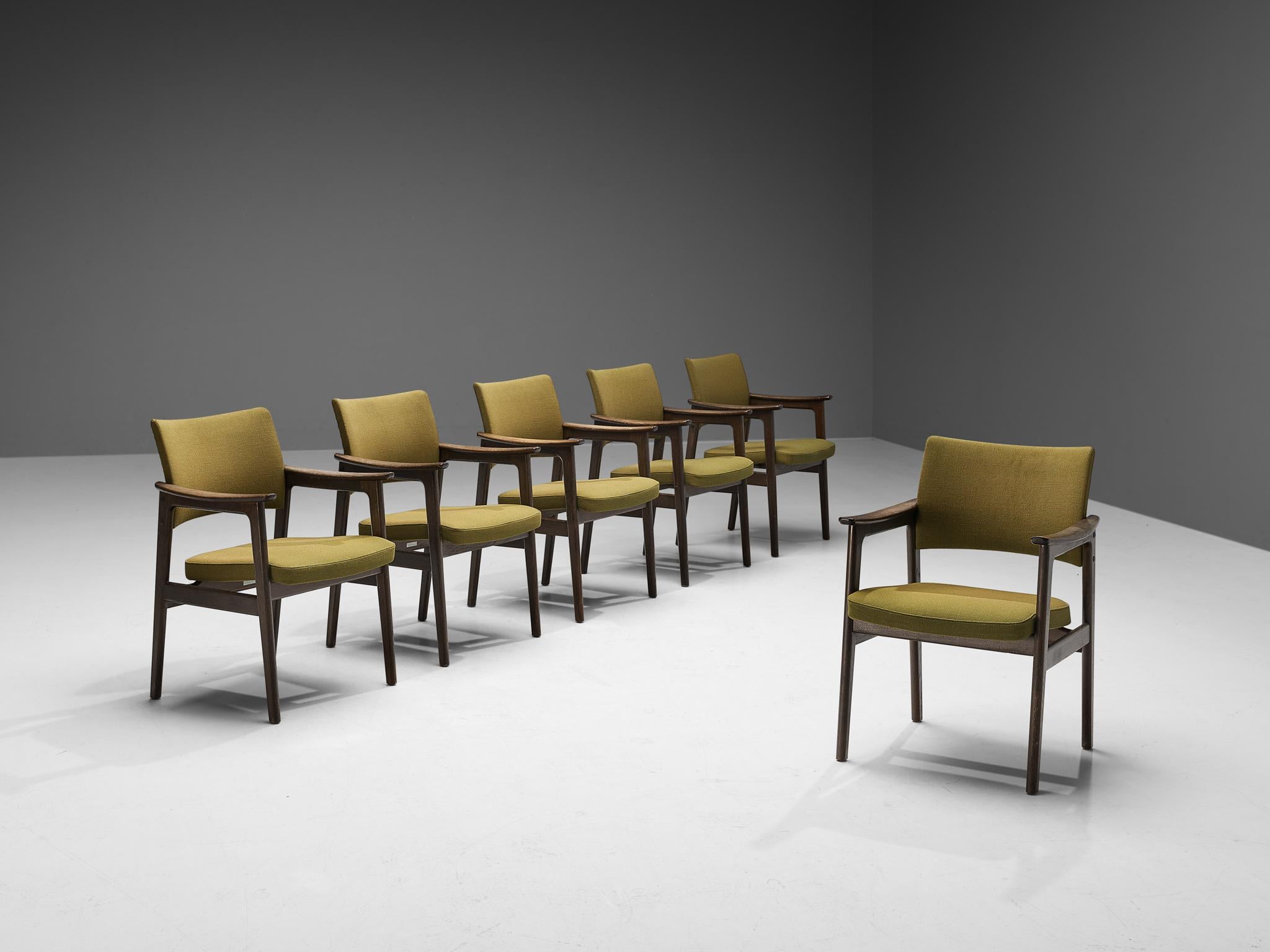 Danish Erik Kirkegaard Set of Six Armchairs in Oak and Mustard Green Upholstery 