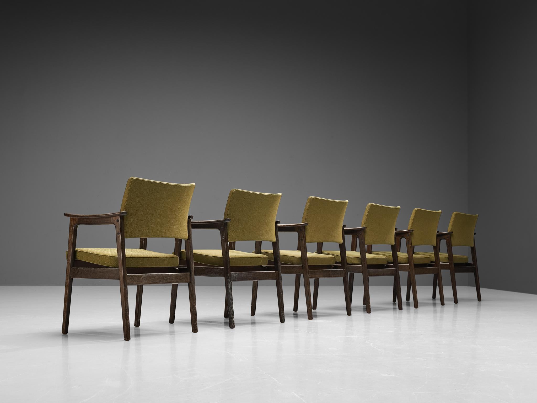 Mid-20th Century Erik Kirkegaard Set of Six Armchairs in Oak and Mustard Green Upholstery 