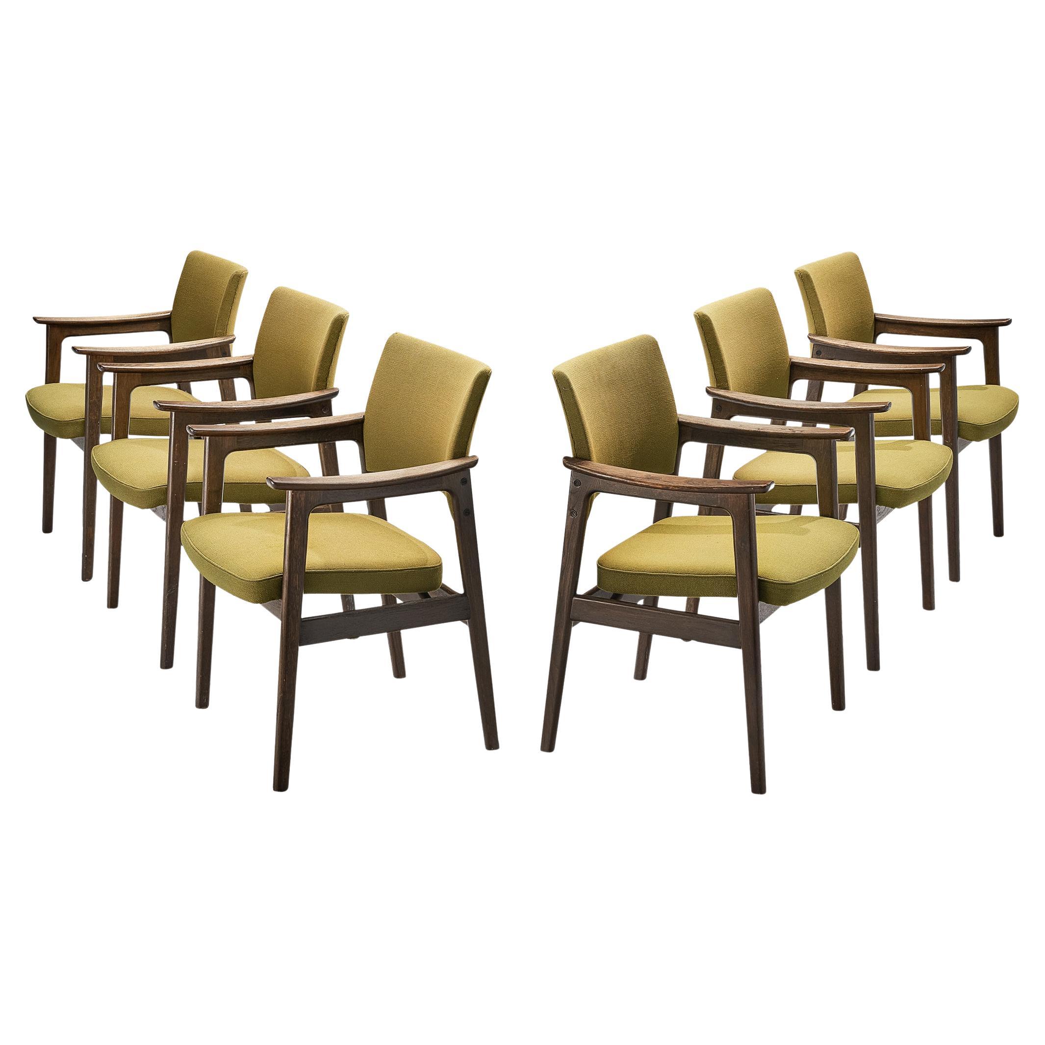 Erik Kirkegaard Set of Six Armchairs in Oak and Mustard Green Upholstery 