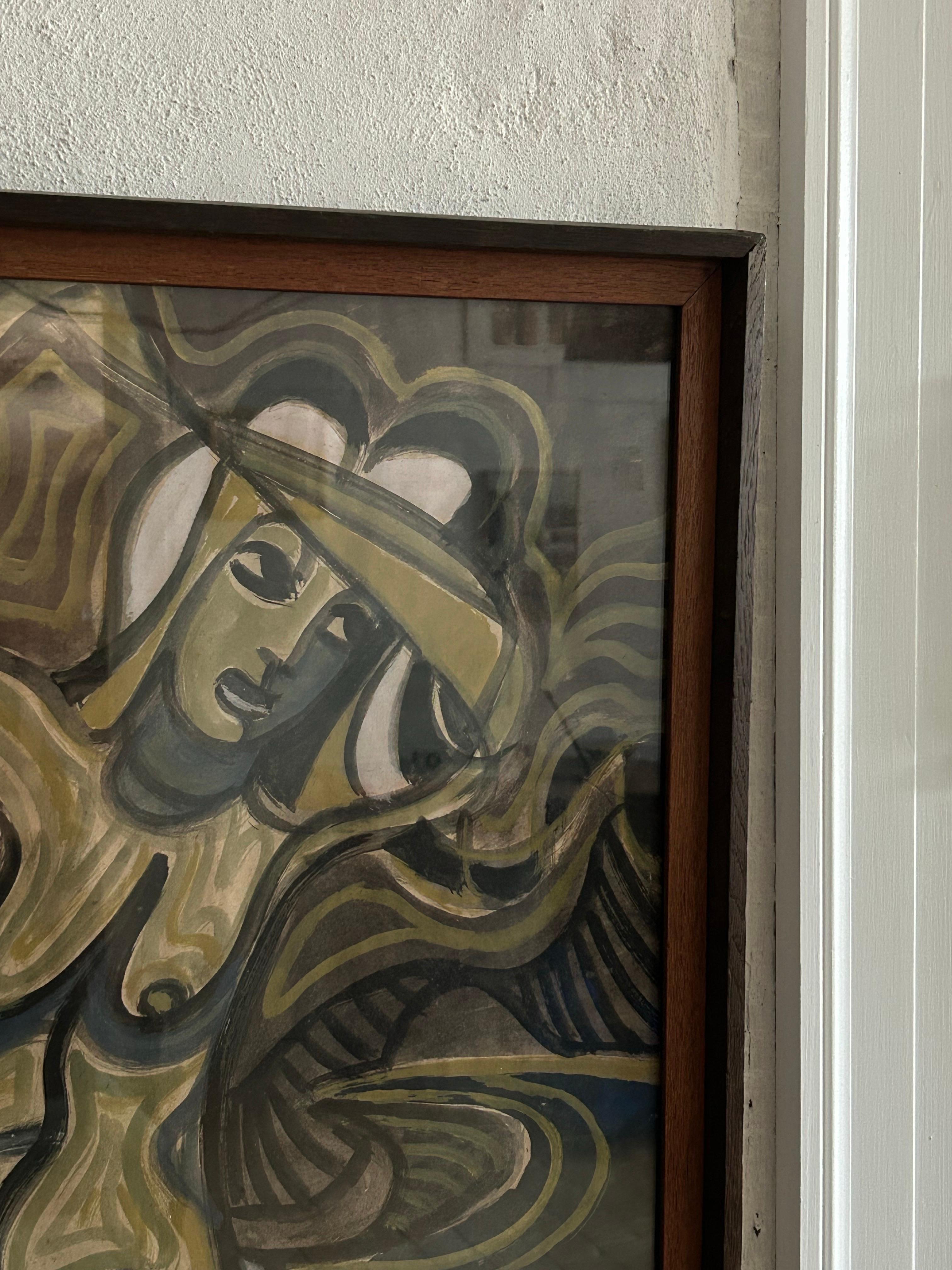 Eine eindrucksvolle Gouache auf Papier des dänischen Künstlers Erik Larsen (1902-1975), Komposition mit Frauen. Dieses in Dänemark entstandene Werk zeigt Larsens Meisterschaft in Form, Farbe und kompositorischer Ausgewogenheit, indem es die