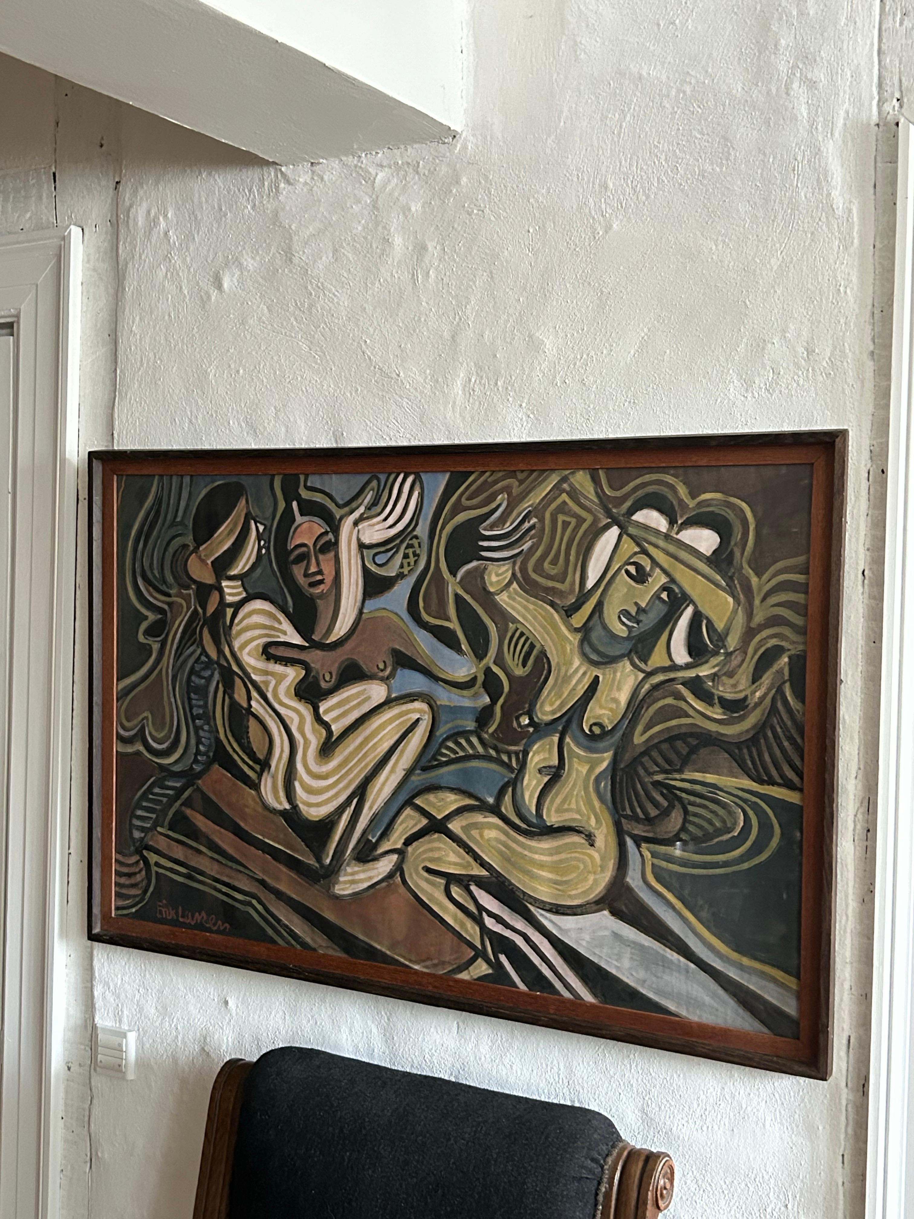 Erik Larsen (1902-1975): Komposition mit Frauen, Gouache auf Papier, Dänemark. im Zustand „Relativ gut“ im Angebot in Valby, 84
