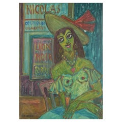 Erik Larsen. Oil on canvas. Portrait of a woman in a bar. Mid-20th C.