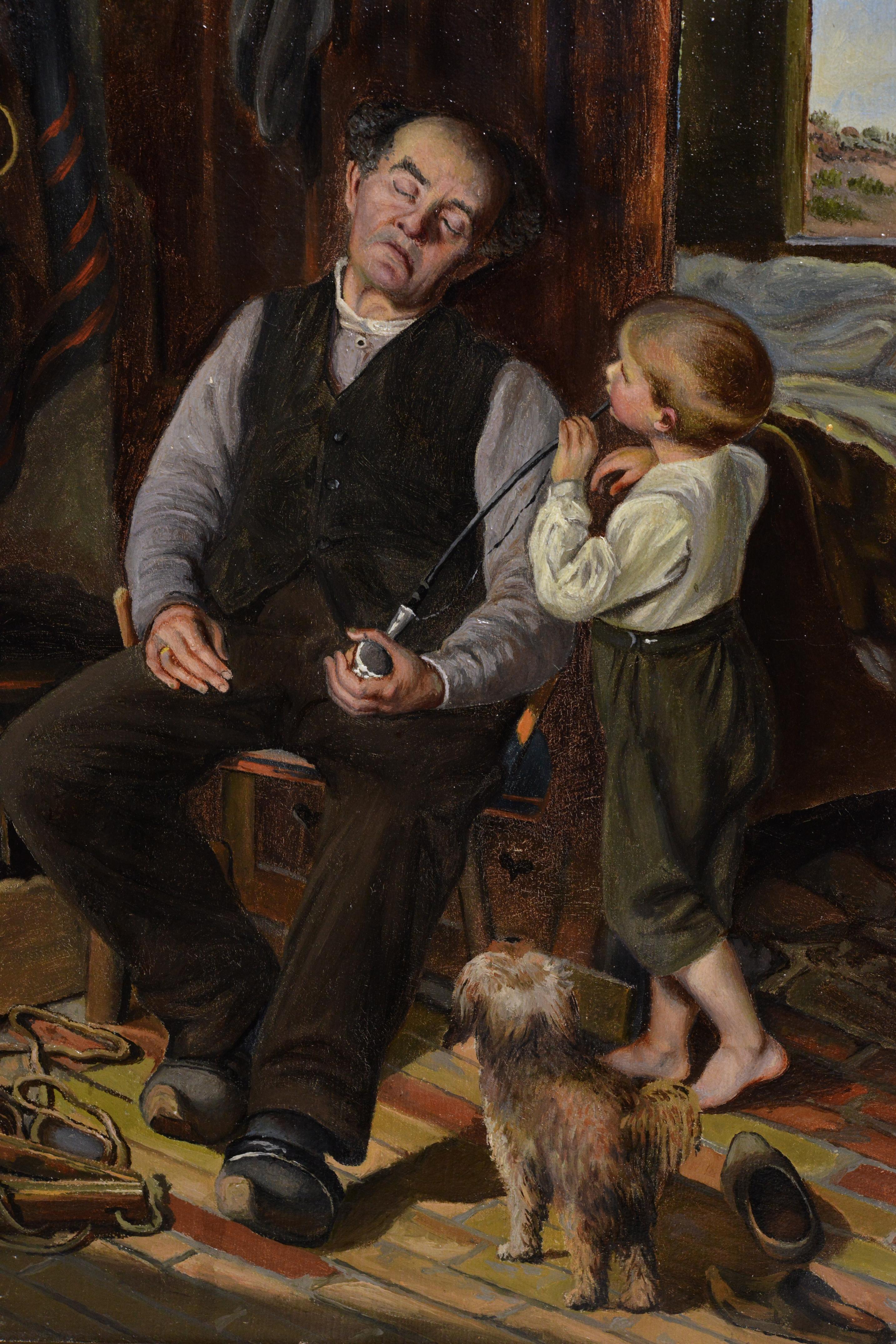 Grandpa und kleines Junges dänisches Meister, Genre-Szene, signiert, gerahmt, 19. Jahrhundert (Realismus), Painting, von Erik Ludwig Henningsen