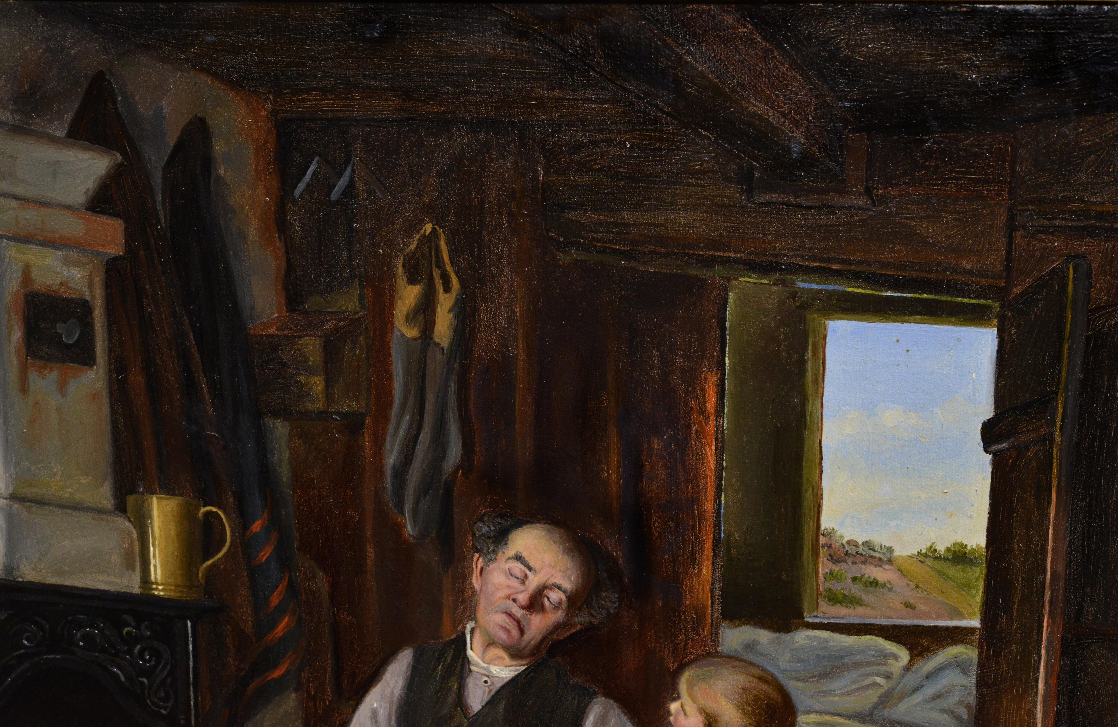 Grandpa und kleines Junges dänisches Meister, Genre-Szene, signiert, gerahmt, 19. Jahrhundert im Angebot 1