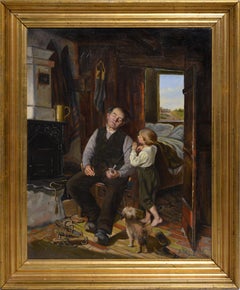 Antique Grandpa and Naughty Boy Danish Master Genre Scene 19th century Signed Framed